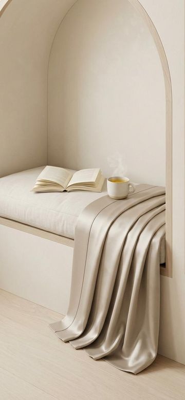 a pale arched reading nook with an open book, a cup of tea and silk falling to the floor, in warm cream and oatmeal