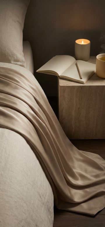 a bedside in warm neutrals, silk throw over pale linen, a lit candle and an open notebook on a travertine table