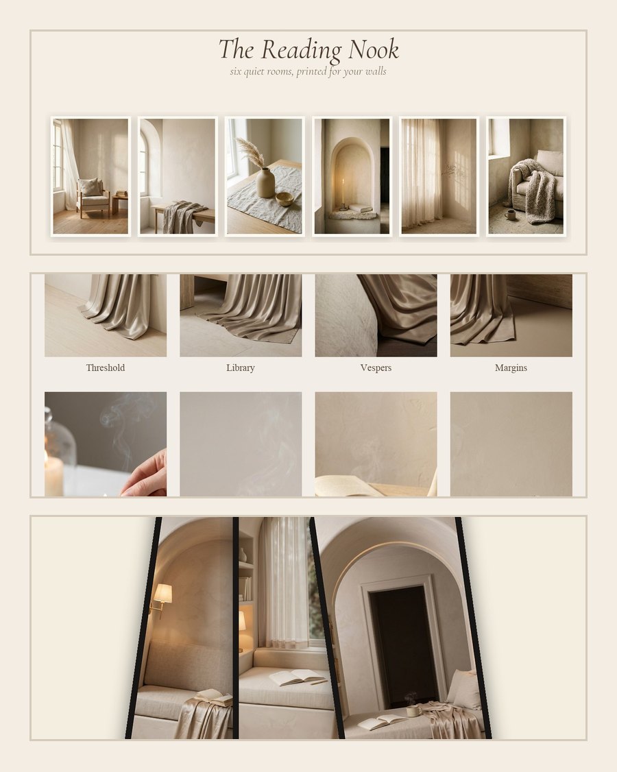 A calm corner softened across walls, screen, and phone — framed reading-nook art, a wallpapered room, and a phone lock screen in warm light