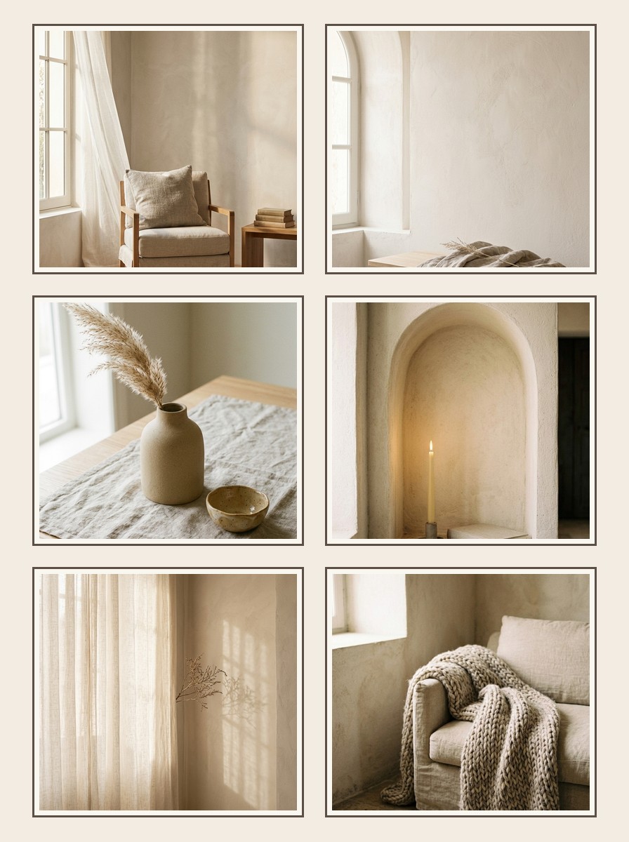 Six framed wall-art scenes in warm linen and golden light — a reading chair, an arched window, dried pampas, a candle niche, a sheer curtain, a warm corner