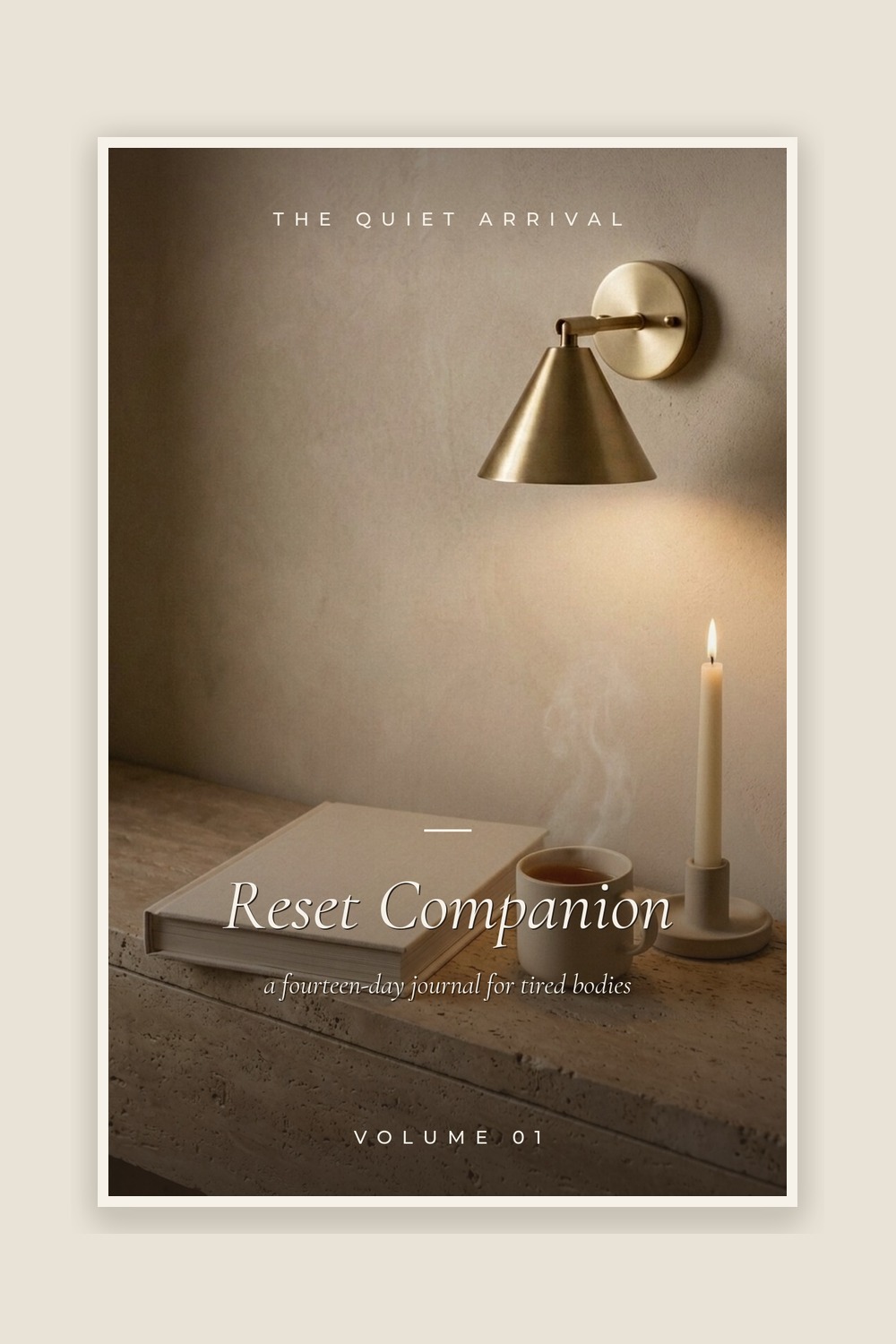 Reset Companion cover — silk, candle and open journal — framed on warm plaster