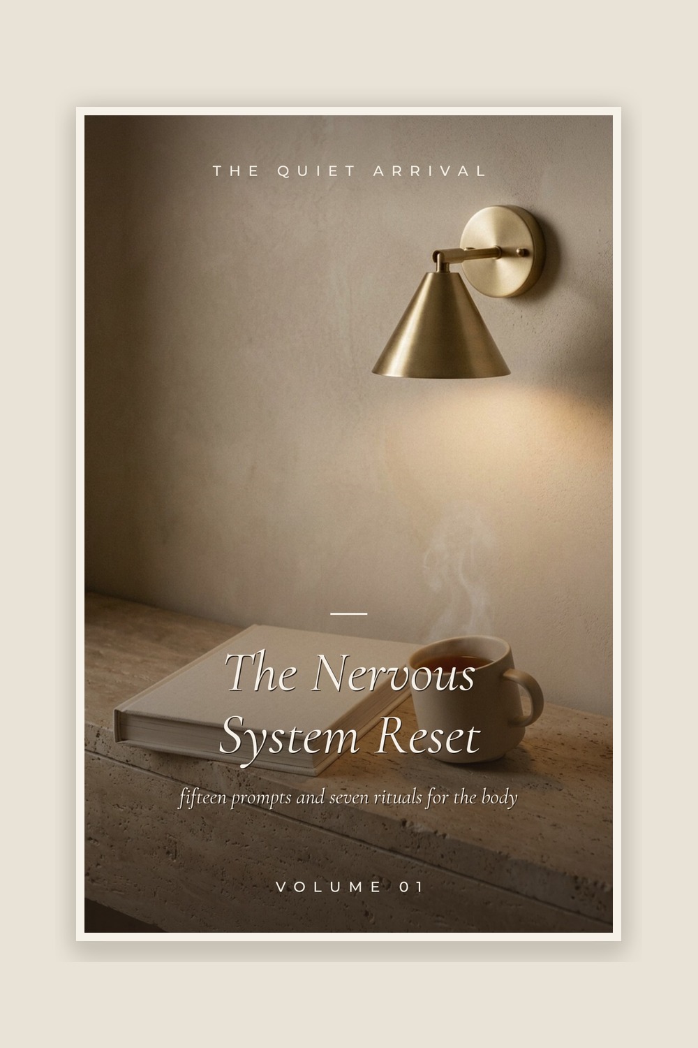 The Nervous System Reset Guide cover — soft curtain light — framed on warm plaster