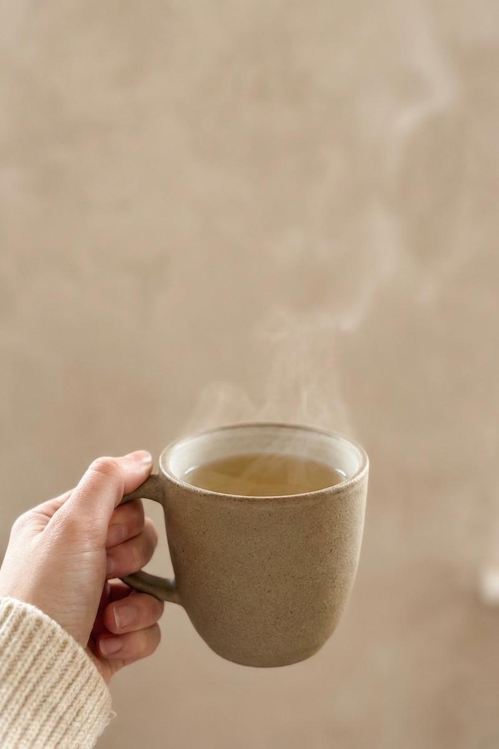A single hand holding a ceramic mug of steaming amber tea against a soft plaster wall