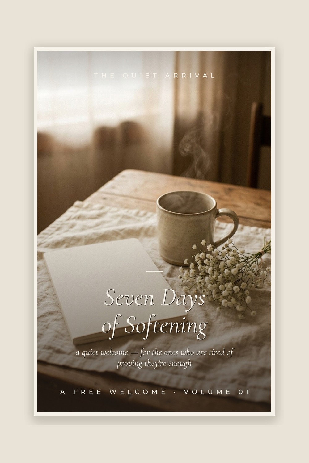 Seven Days of Softening cover — a window with billowing sheer curtain — framed on warm plaster