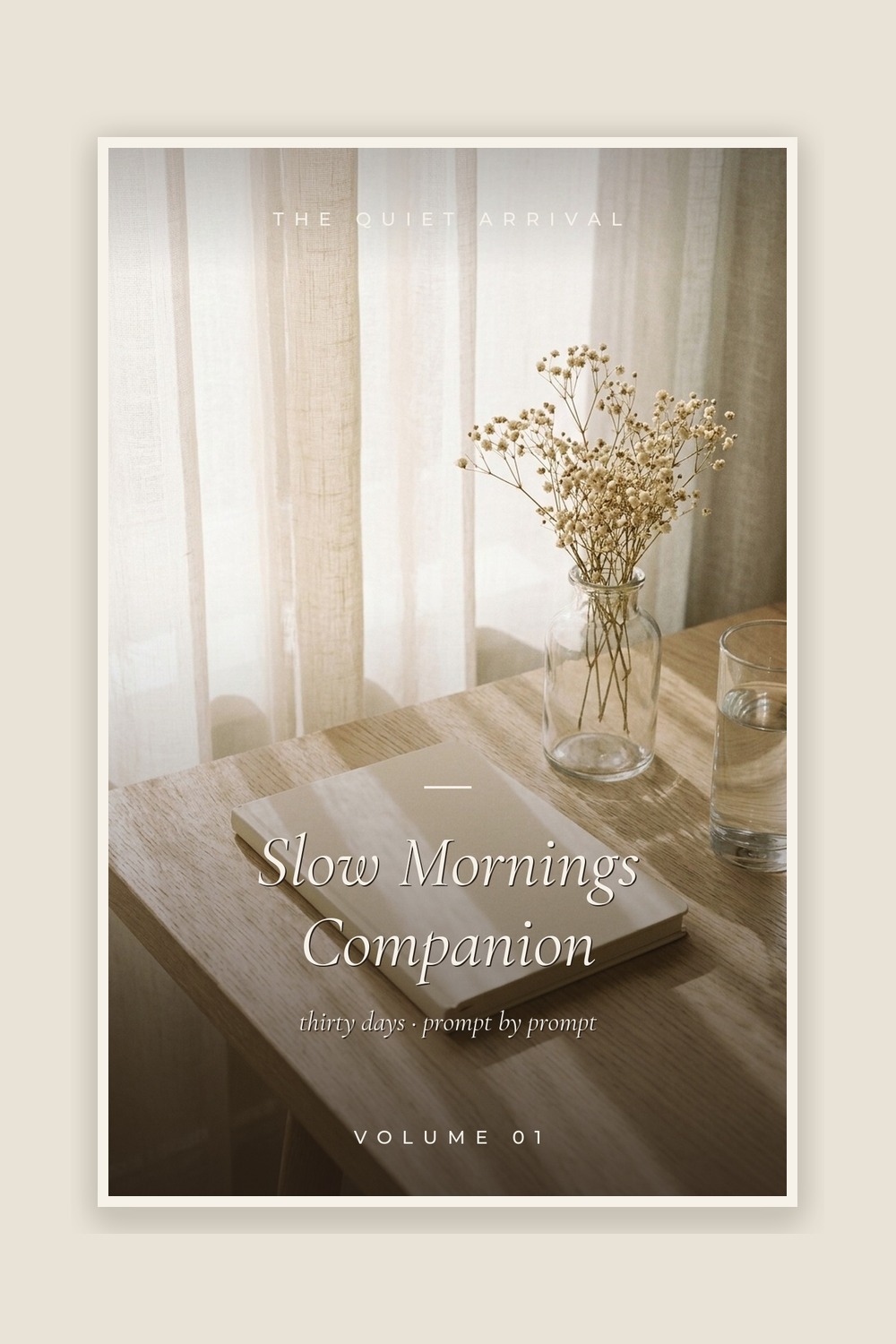 Slow Mornings Companion cover — ribboned journal and tea — framed on warm plaster