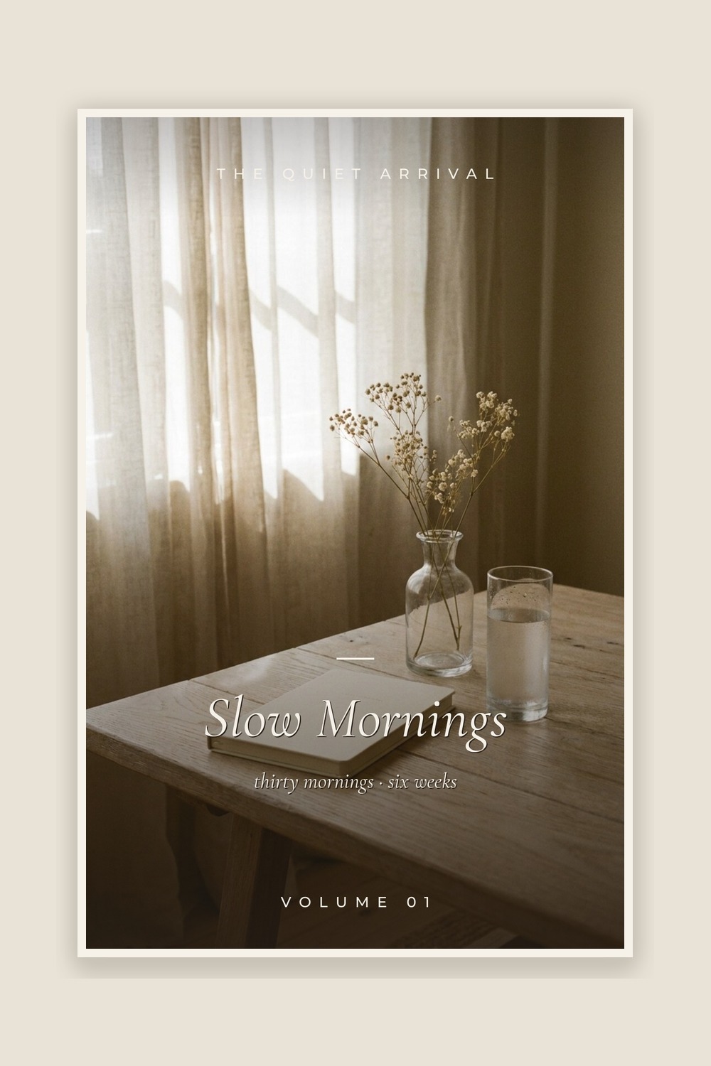 Slow Mornings cover — a bench by the window with book and tea — framed on warm plaster