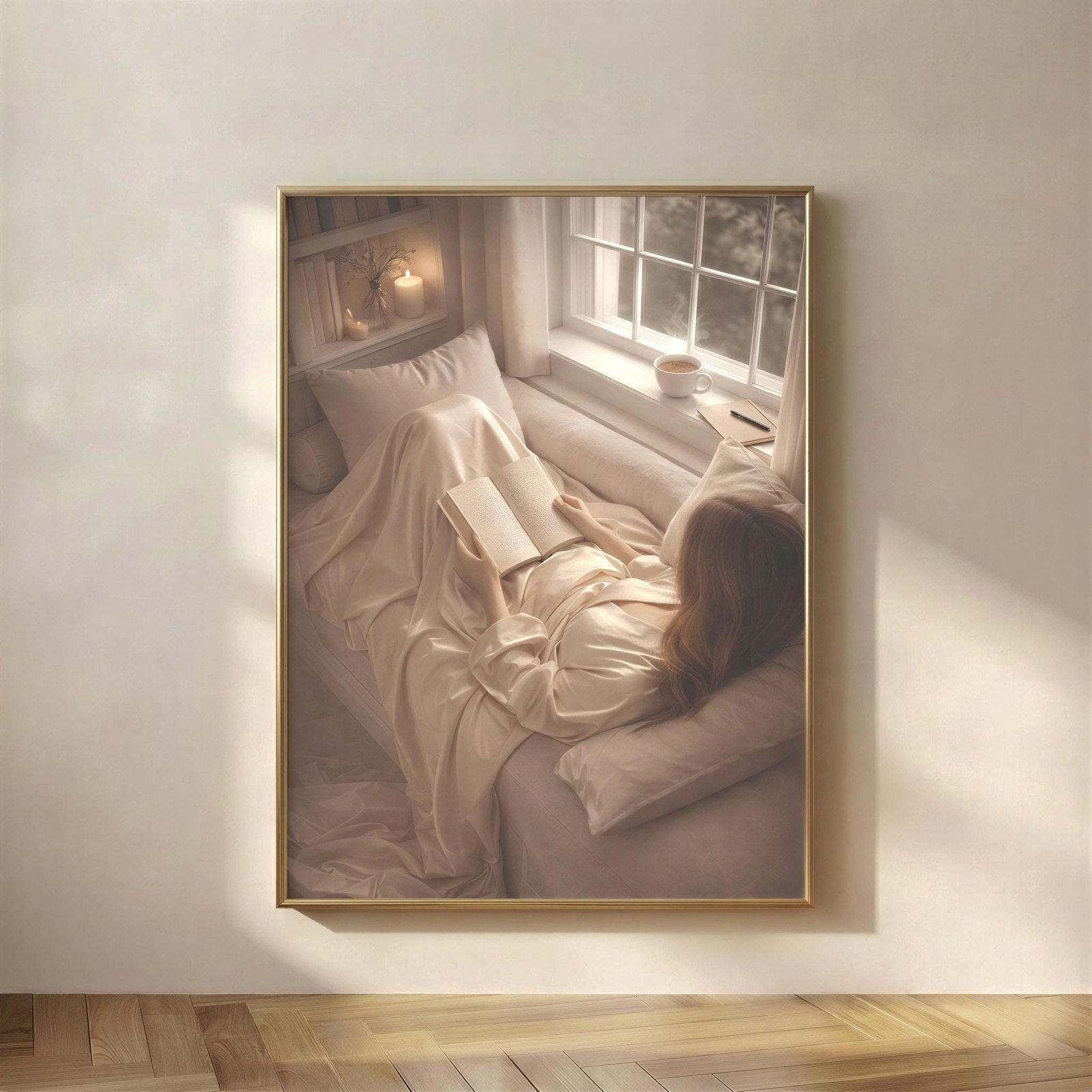 Cozy Reading Nook Aerial Scene Print, An aerial reading scene rendered at print resolution, for the wall above a real chair, in a room that's already softening.
