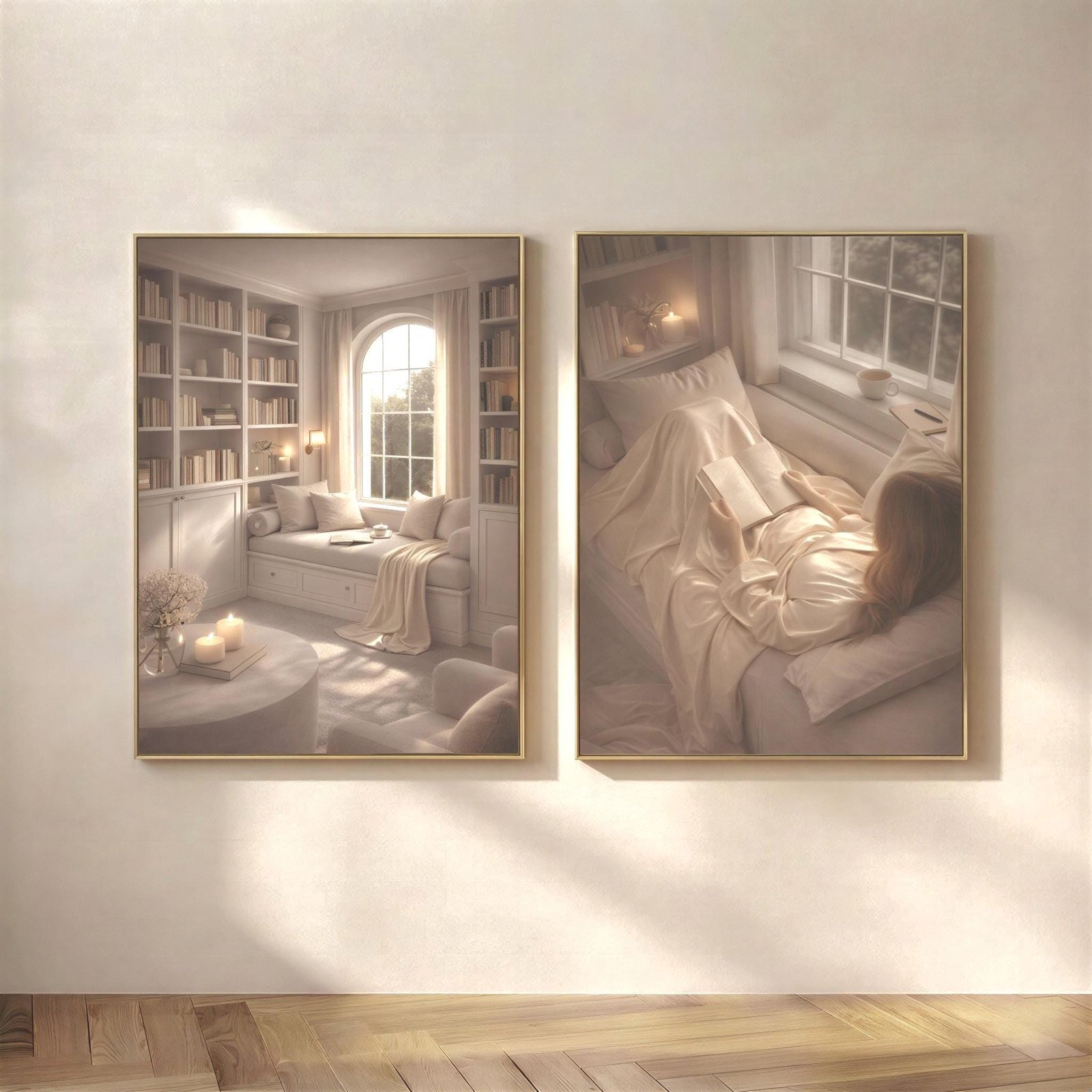 Library Window Seat, Quiet Reader Prints, The full reading-nook pair, one architectural, one intimate.