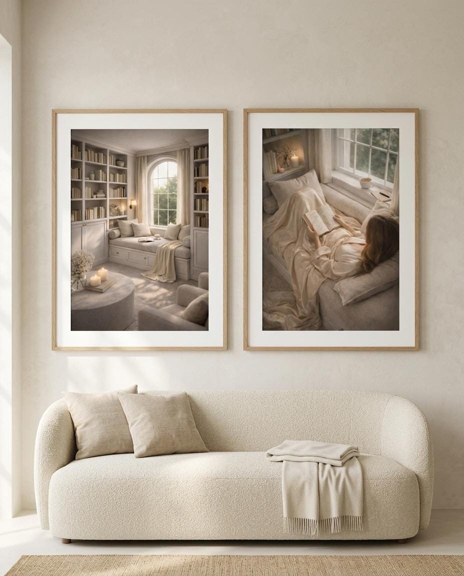 Several prints from one set, framed and hung together in a soft-lit room