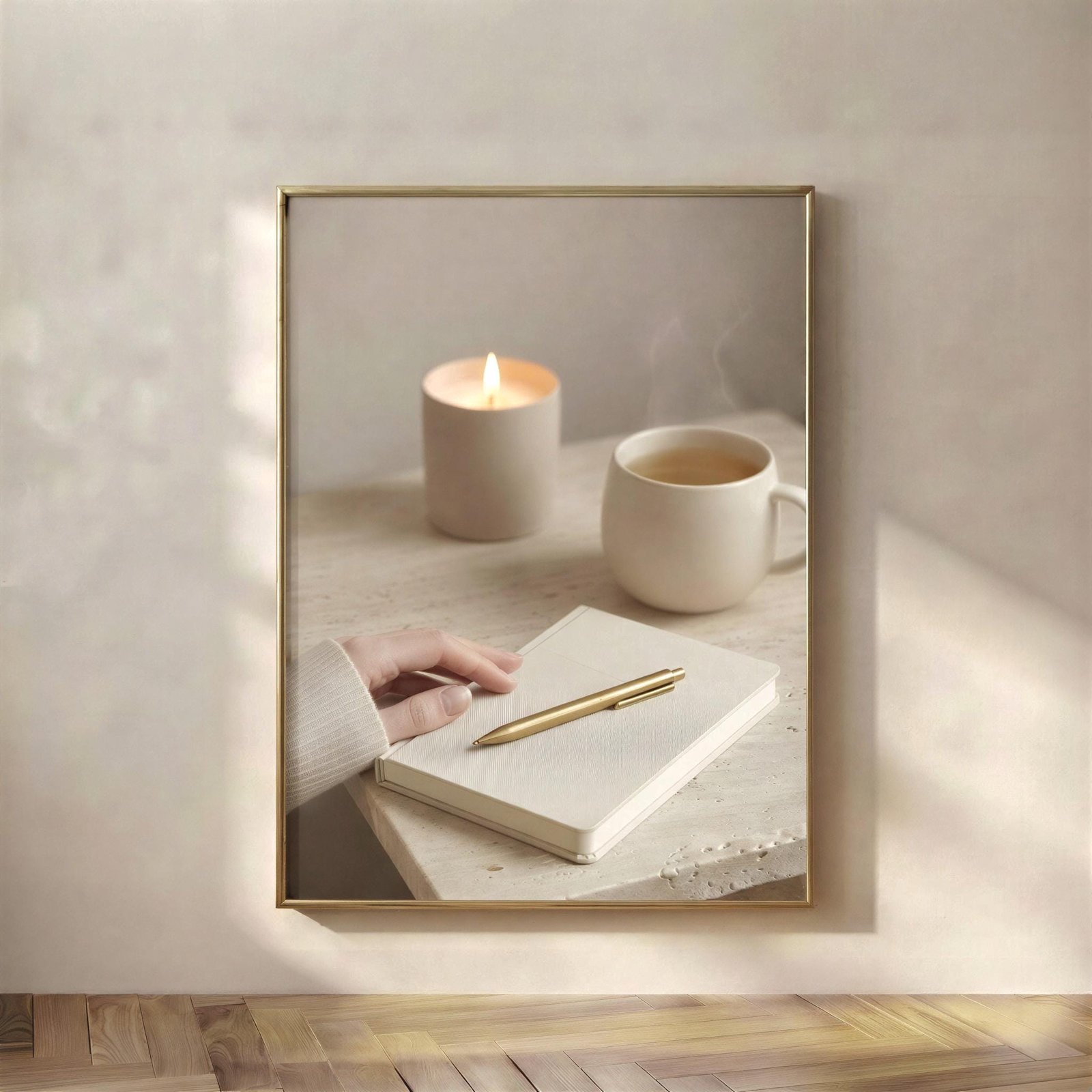 Evening Journal Ritual Print, An evening journal ritual, a calm desk still life in warm beige for a home office, bedroom, or reading corner.