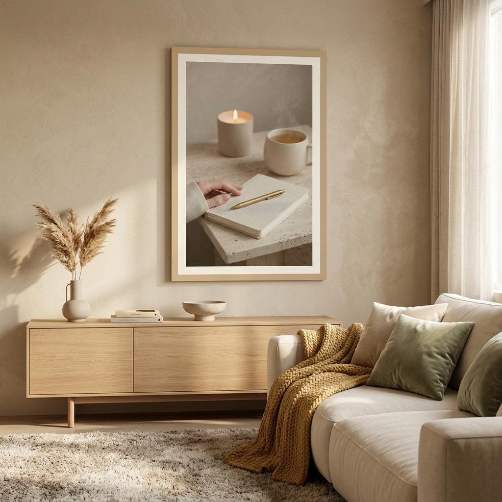 A framed print from the Still Life & Words collection, hung in a soft-lit room