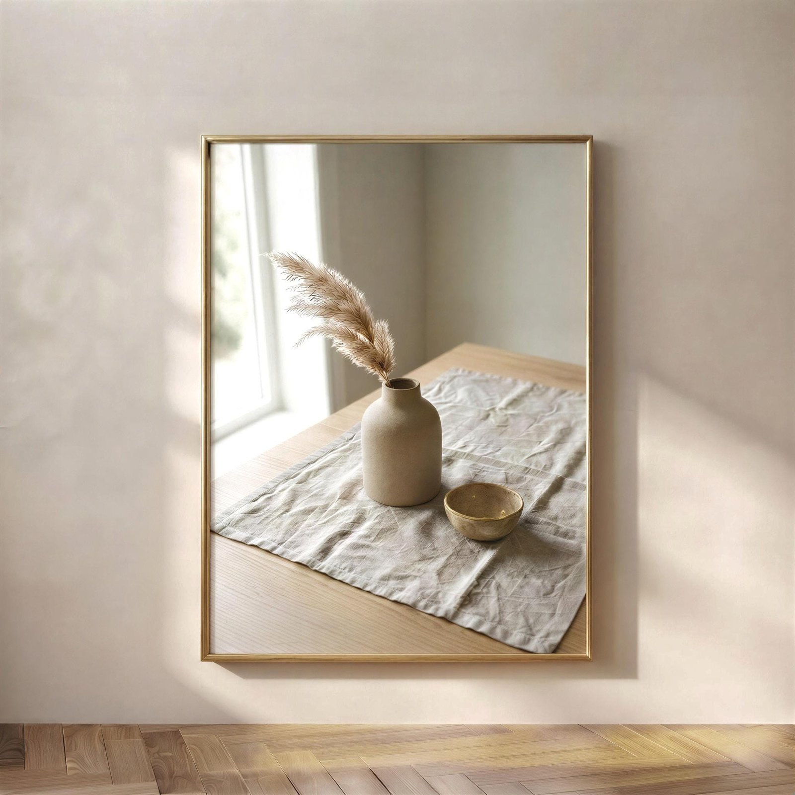 Pampas Still Life Print, A warm pampas still life in soft neutral tones, botanical printable wall art for a beige, slow-living bedroom or living room.