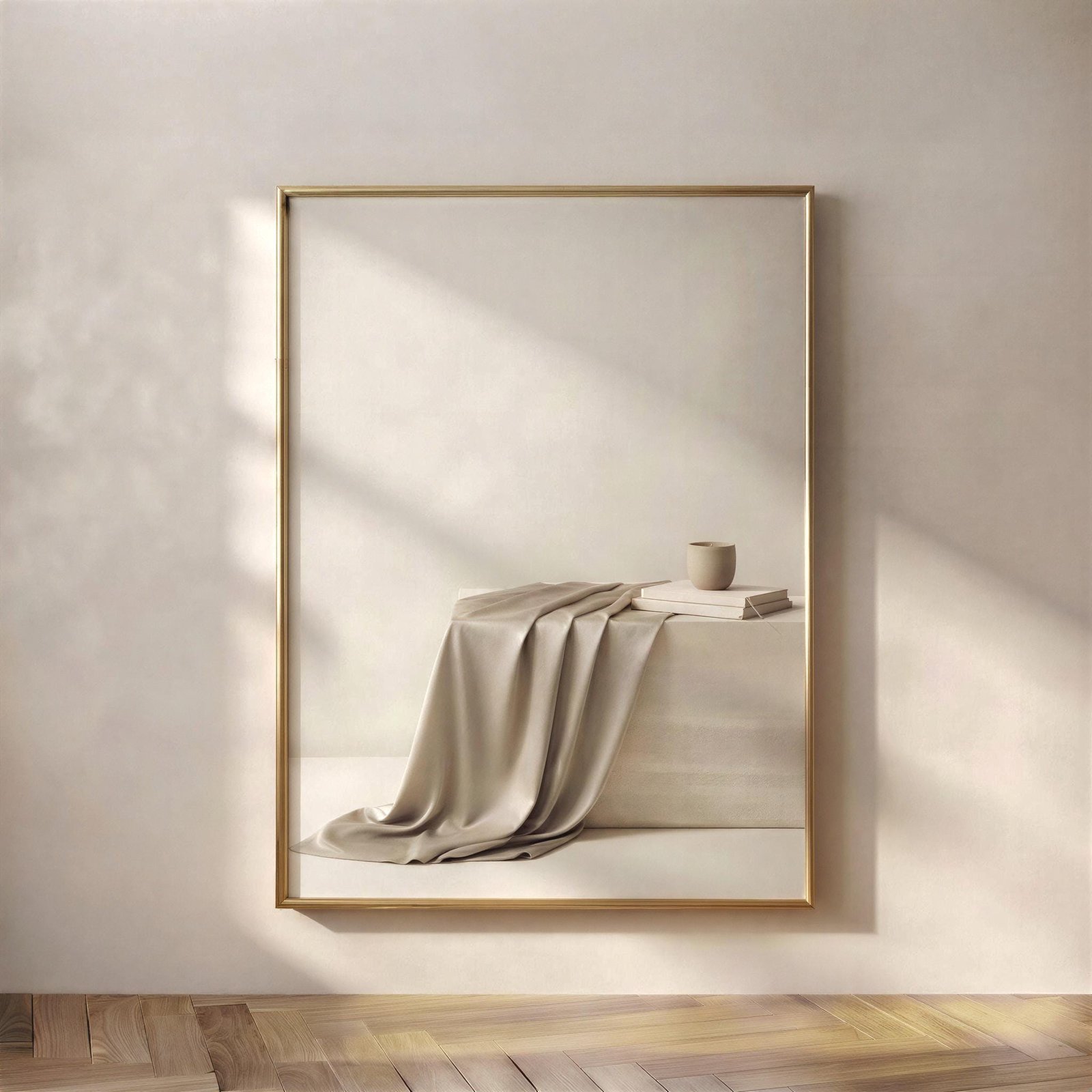 Japandi Still Life Print, A quiet japandi still life, soft satin over stone, a cup, two books, and light doing very little.