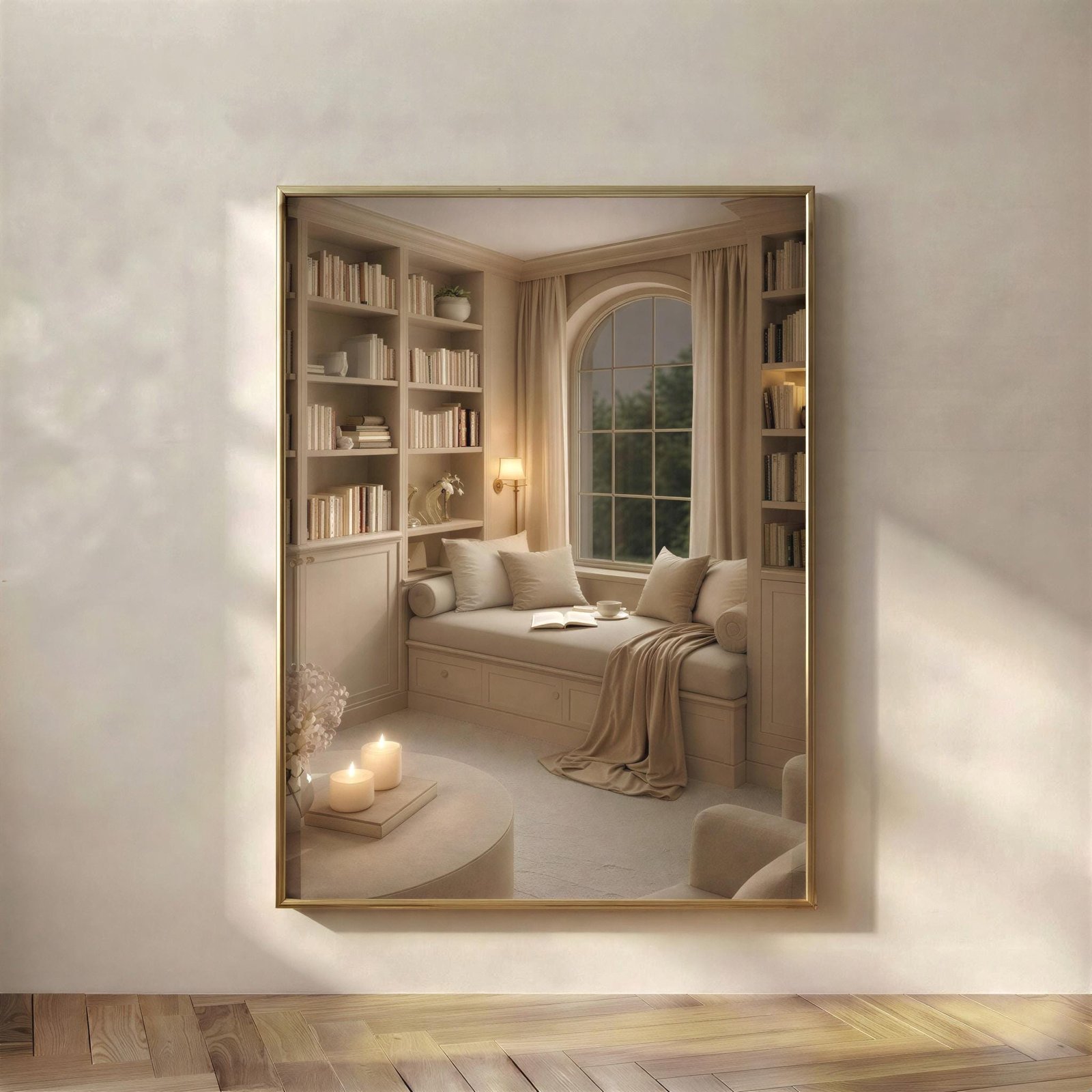 Cozy Reading Nook Arched Window Print, A cozy arched-window reading nook with built-in bookshelves, a cushioned window seat, soft candlelight and a warm neutral