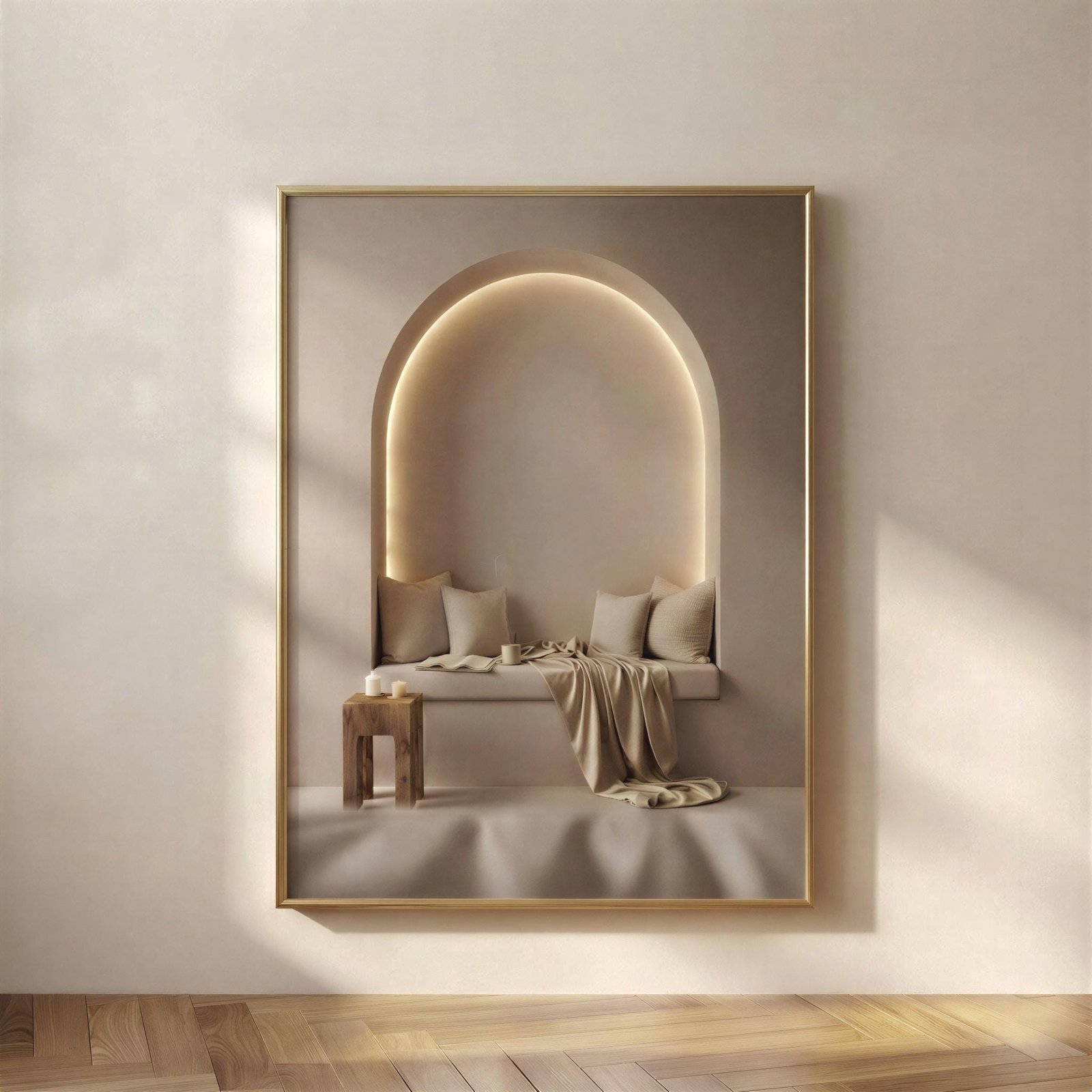Japandi Arch Alcove Print, A glowing illuminated arch alcove with a cushioned daybed, satin throw and candlelight in warm neutral tones.