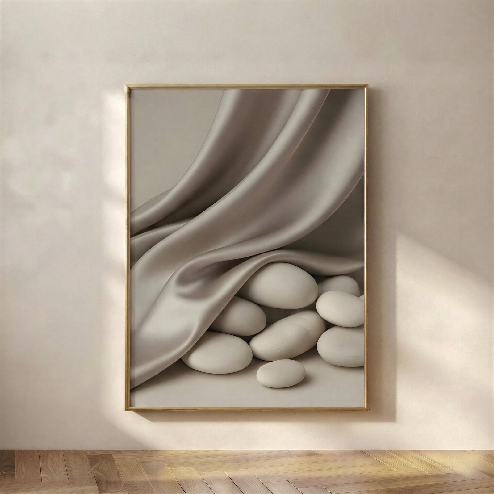 Minimalist Pebbles & Silk Still Life, Stillness, arranged.