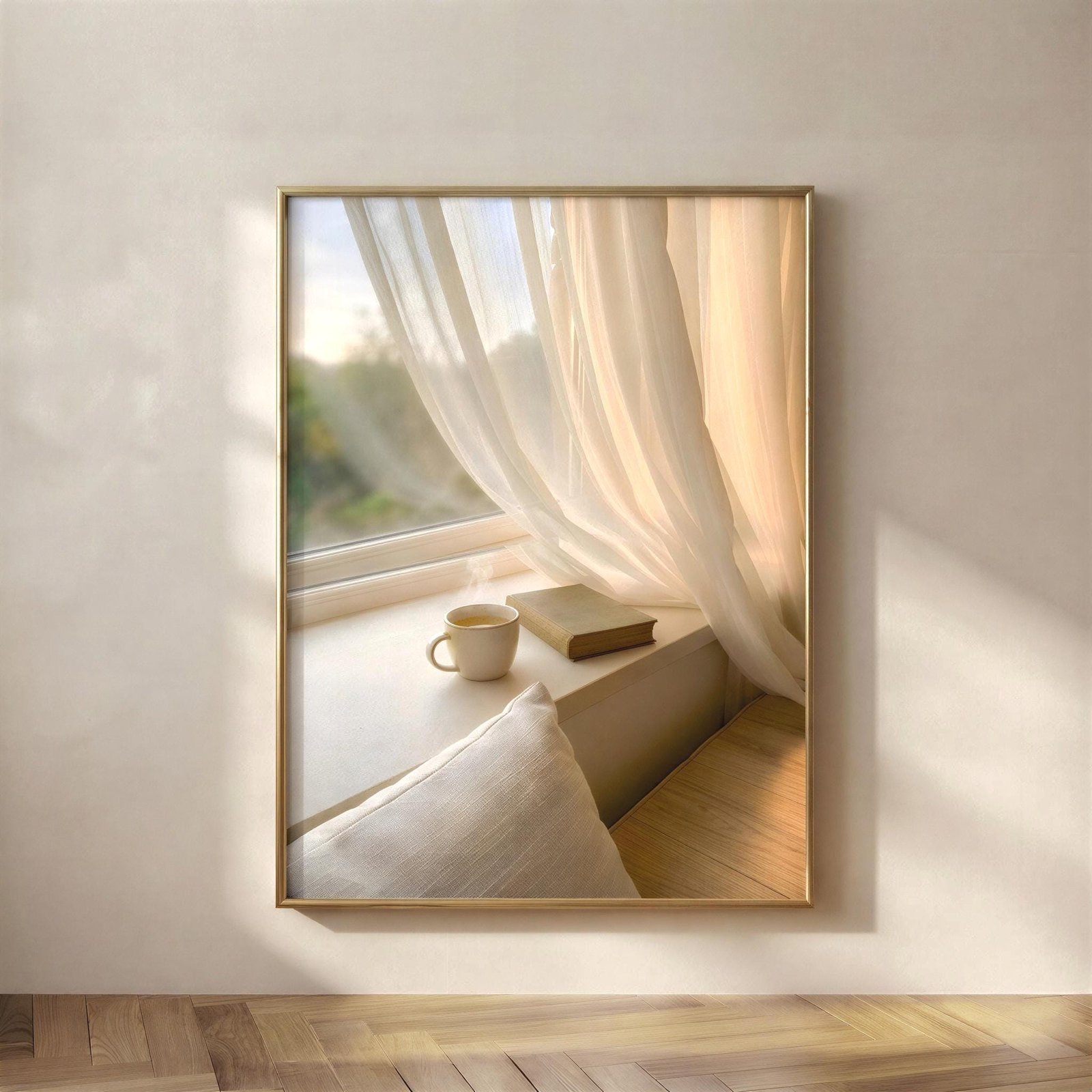 Coffee Book, A quiet window seat wall art print for slow living and calm minimalist rooms, a gentle pause where time slows and your body can finally rest.
