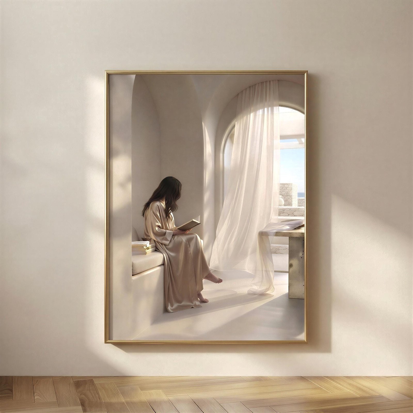 Soft Hours by the Window, The Soft Hours print, brunette woman reading by an arched window.