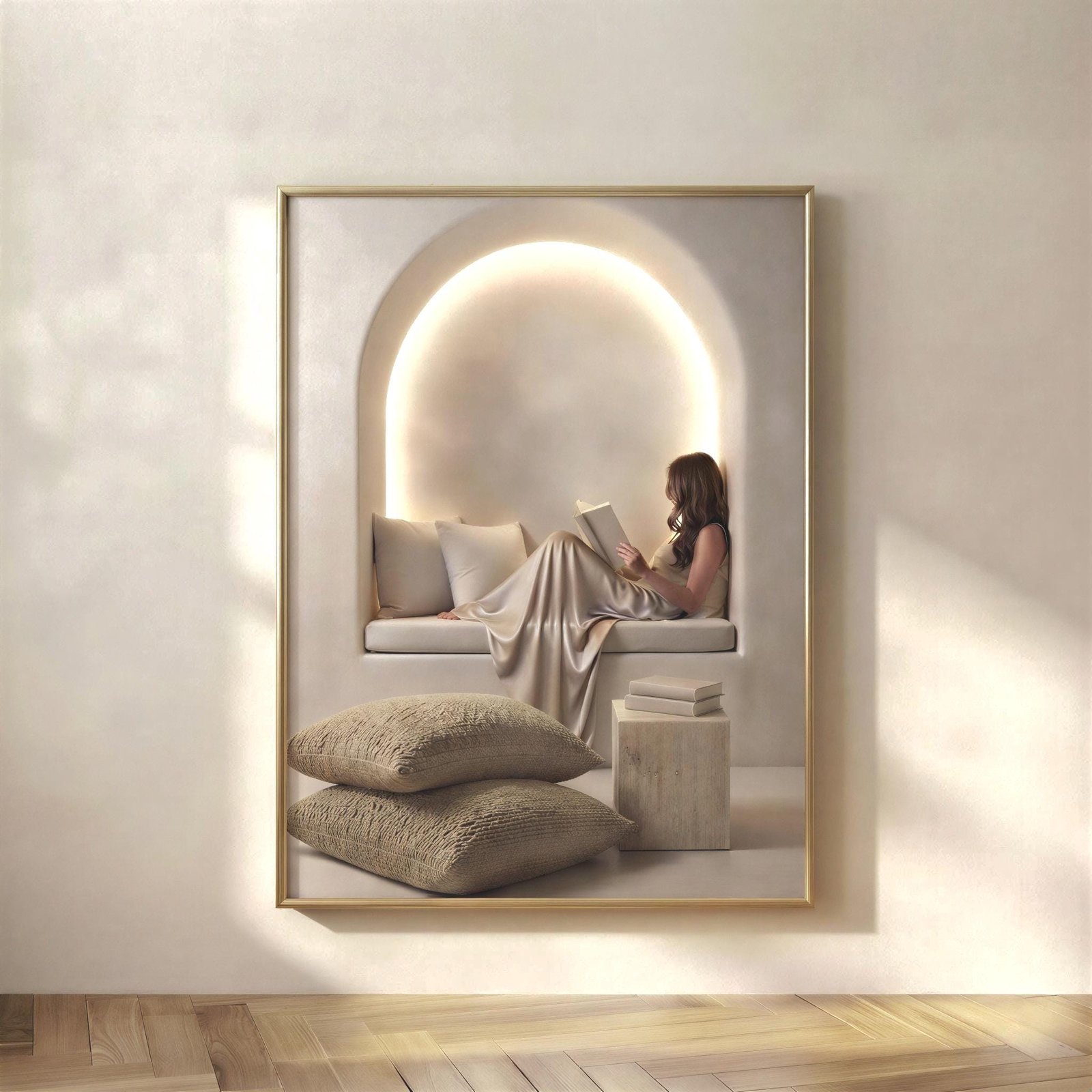Built for Rest, The Built for Rest print, woman reclining in a lit alcove with pillows.