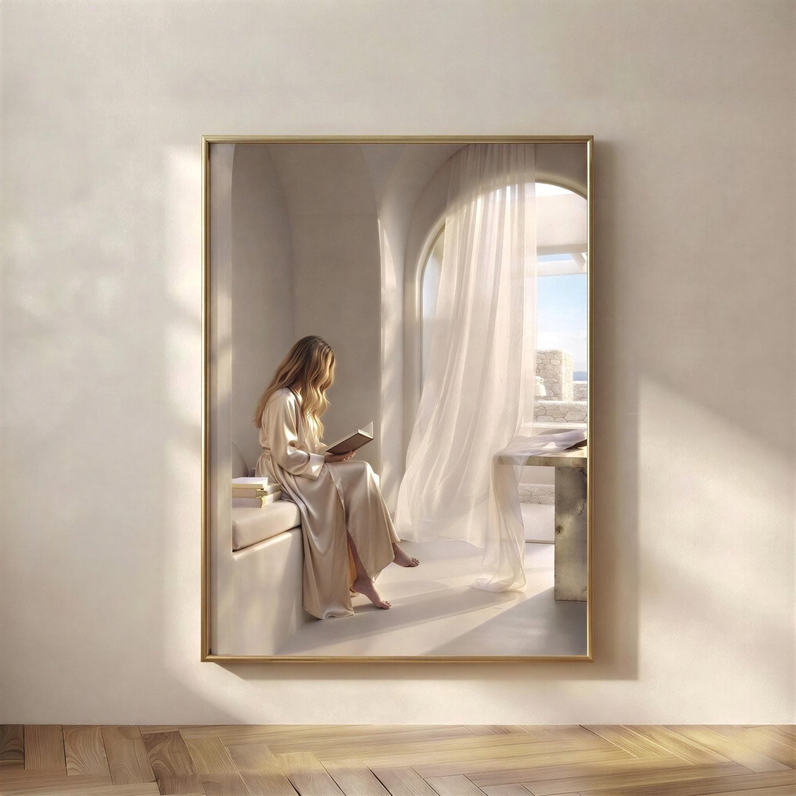 You Can Stay Here, The You Can Stay Here print, blonde woman reading by an arched window.
