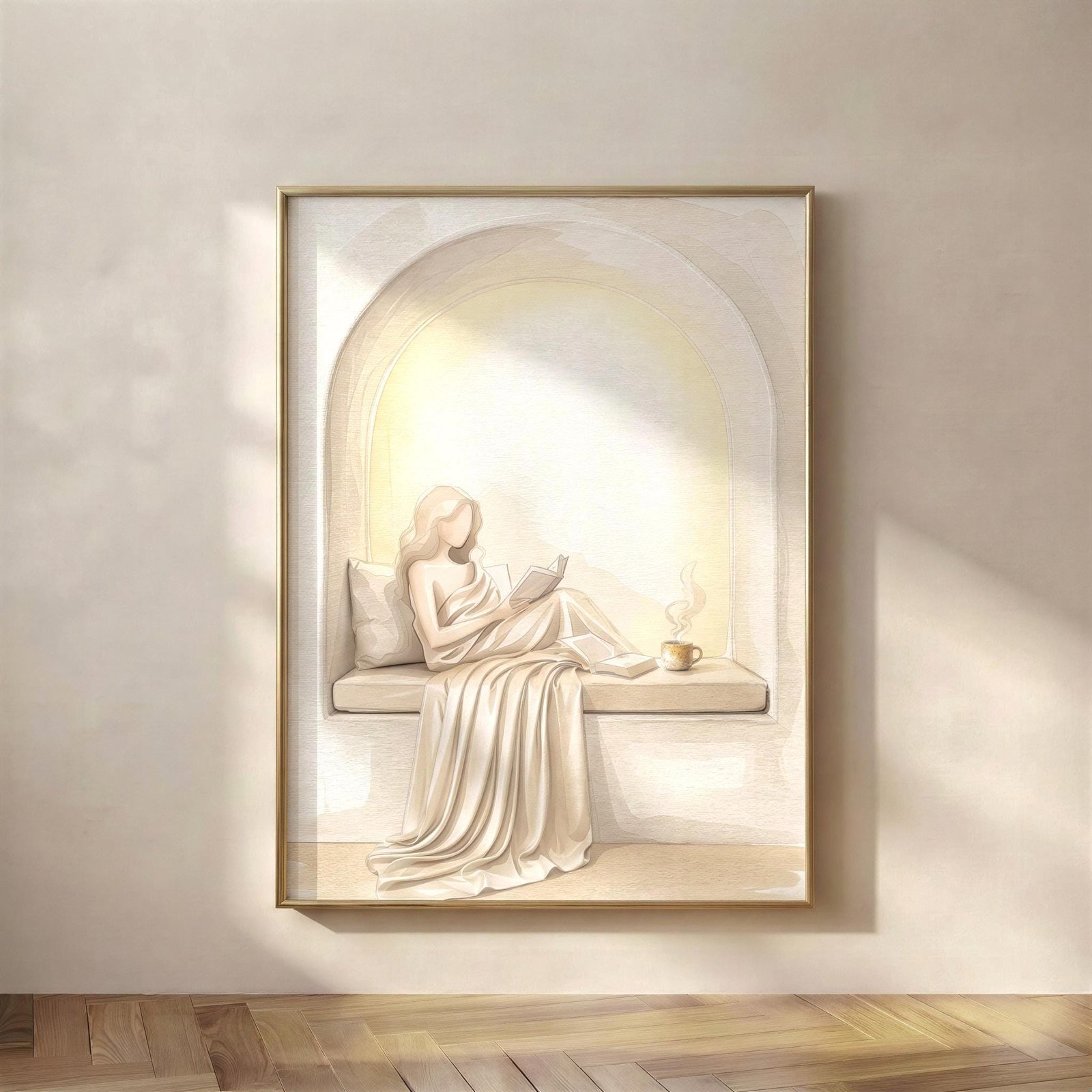 Woman in a Reading Nook, A quiet moment to come back to, a woman reading in a soft plaster nook, surrounded by warm beige tones, draped linen, and the kind of s