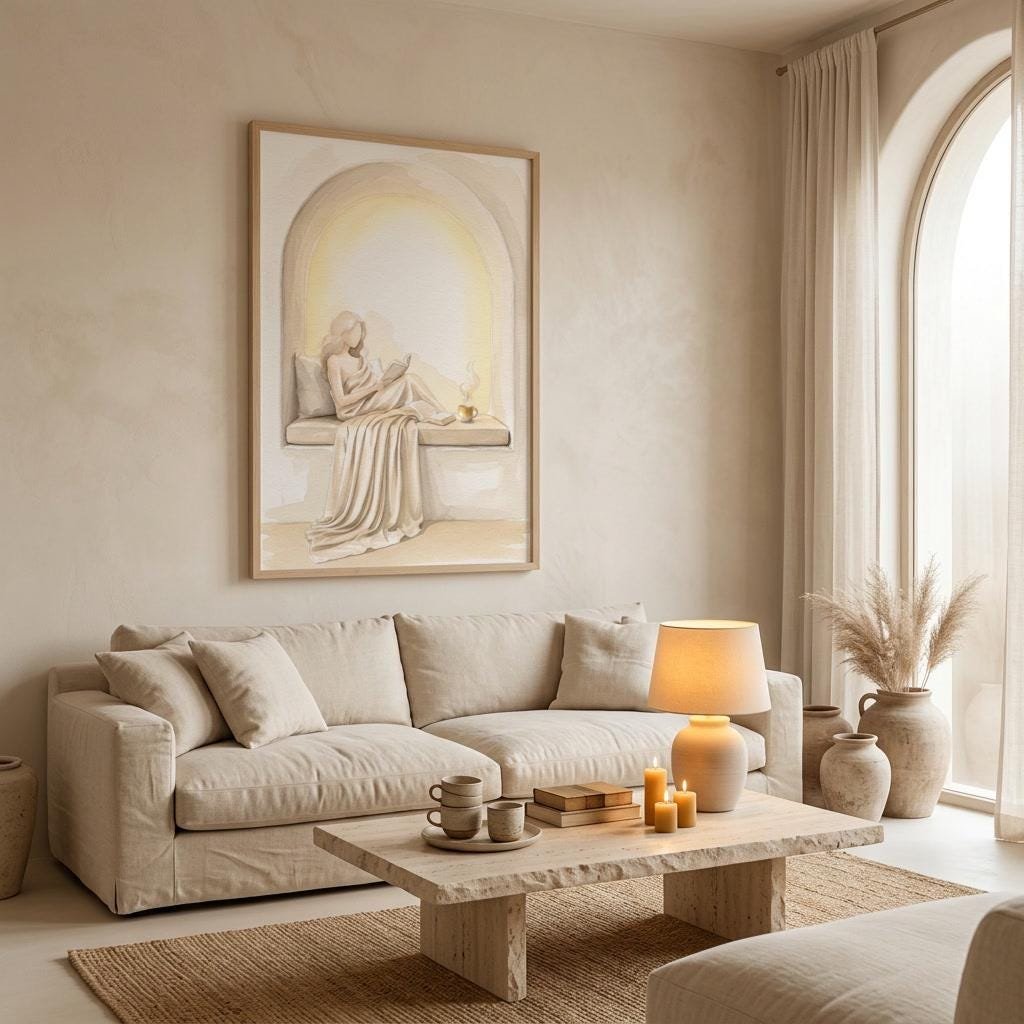 A framed print from the Women Reading collection, hung in a soft-lit room