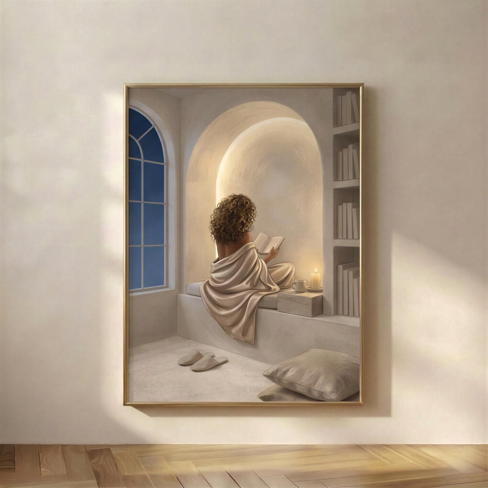 Woman Reading by Candlelight, A quiet moment to come back to, a woman reading in a soft plaster nook, wrapped in draped linen and warm beige tones, with the sof