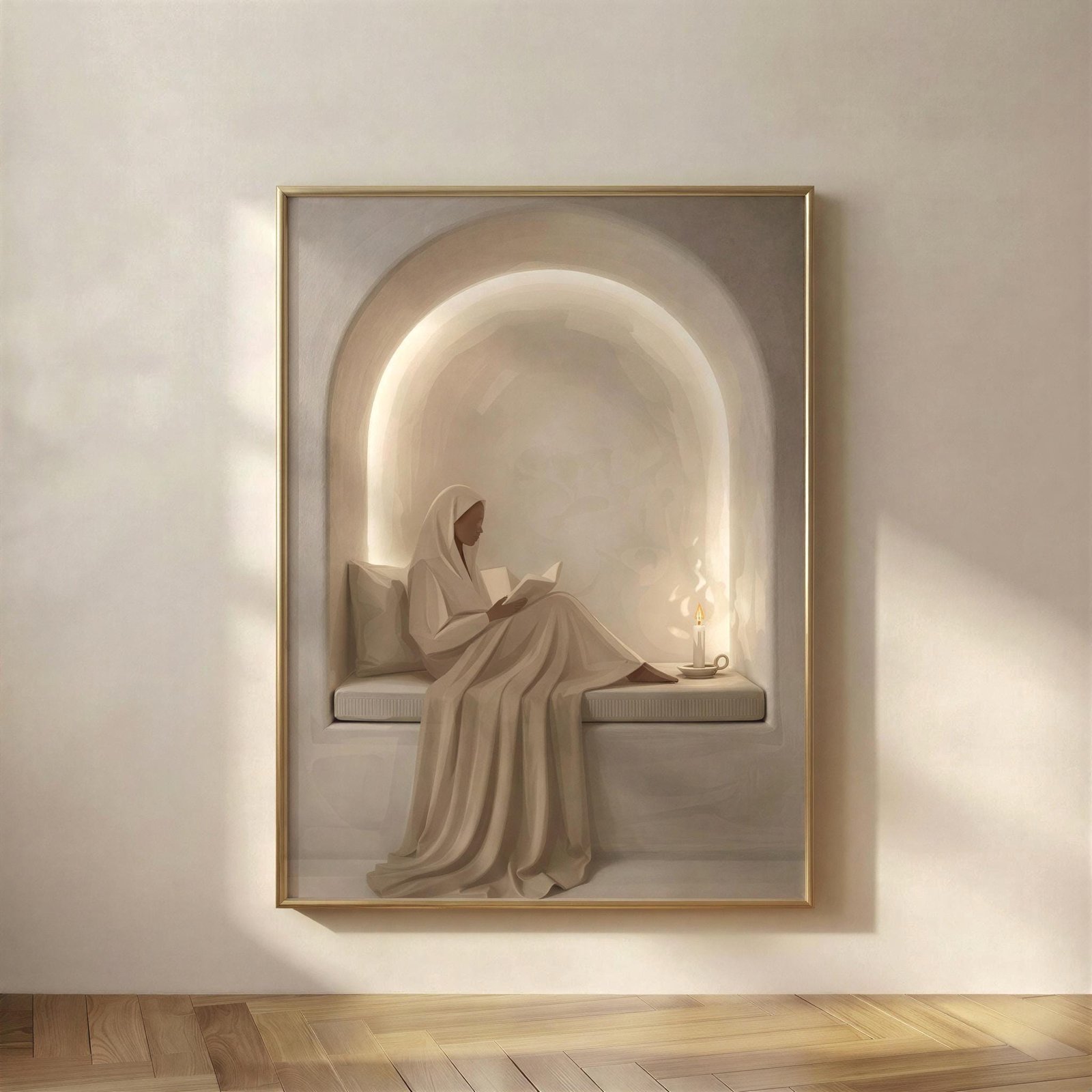 Woman Reading in a Soft Plaster Nook, A quiet moment to come back to, a woman reading in a soft plaster nook, wrapped in draped linen and warm beige tones, with