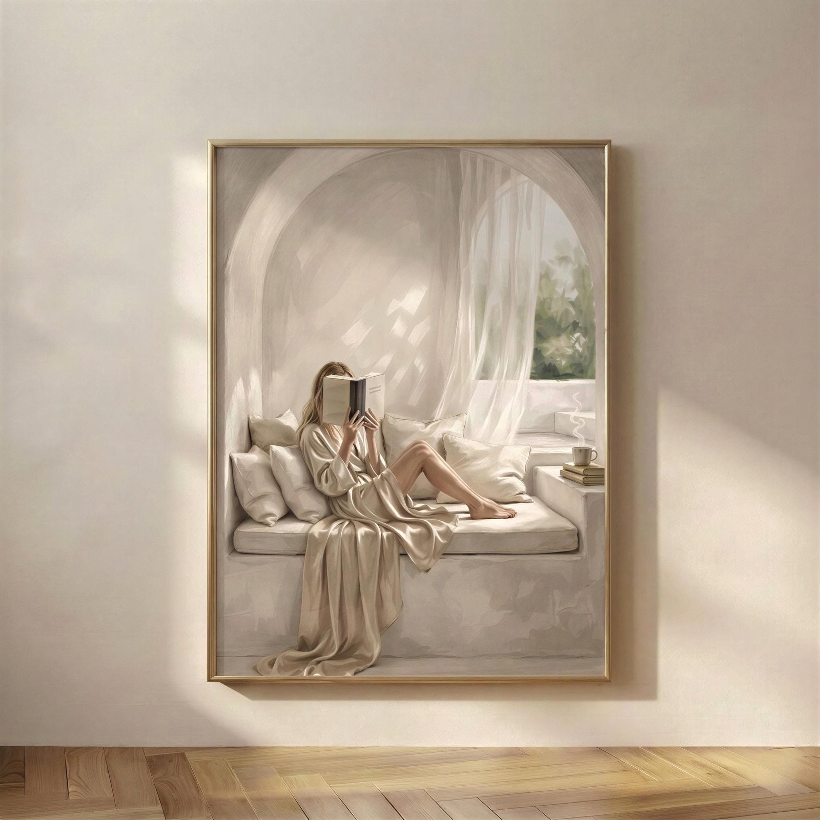 Blonde Woman in a Reading Nook, A quiet moment to come back to, a woman reading in a soft plaster archway, wrapped in draped linen and warm beige tones, with da