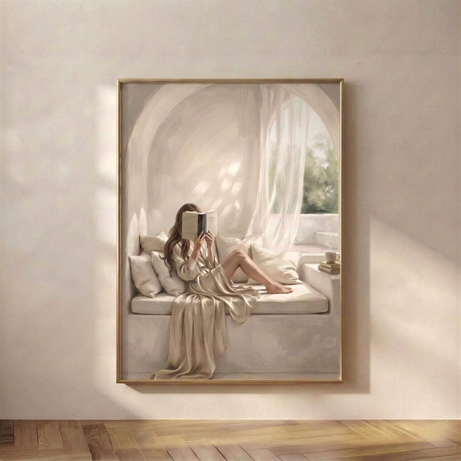 Brunette Woman in a Reading Nook, A quiet moment of a woman with brunette hair reading in a contained reading nook, rendered in warm neutral beige tones with so