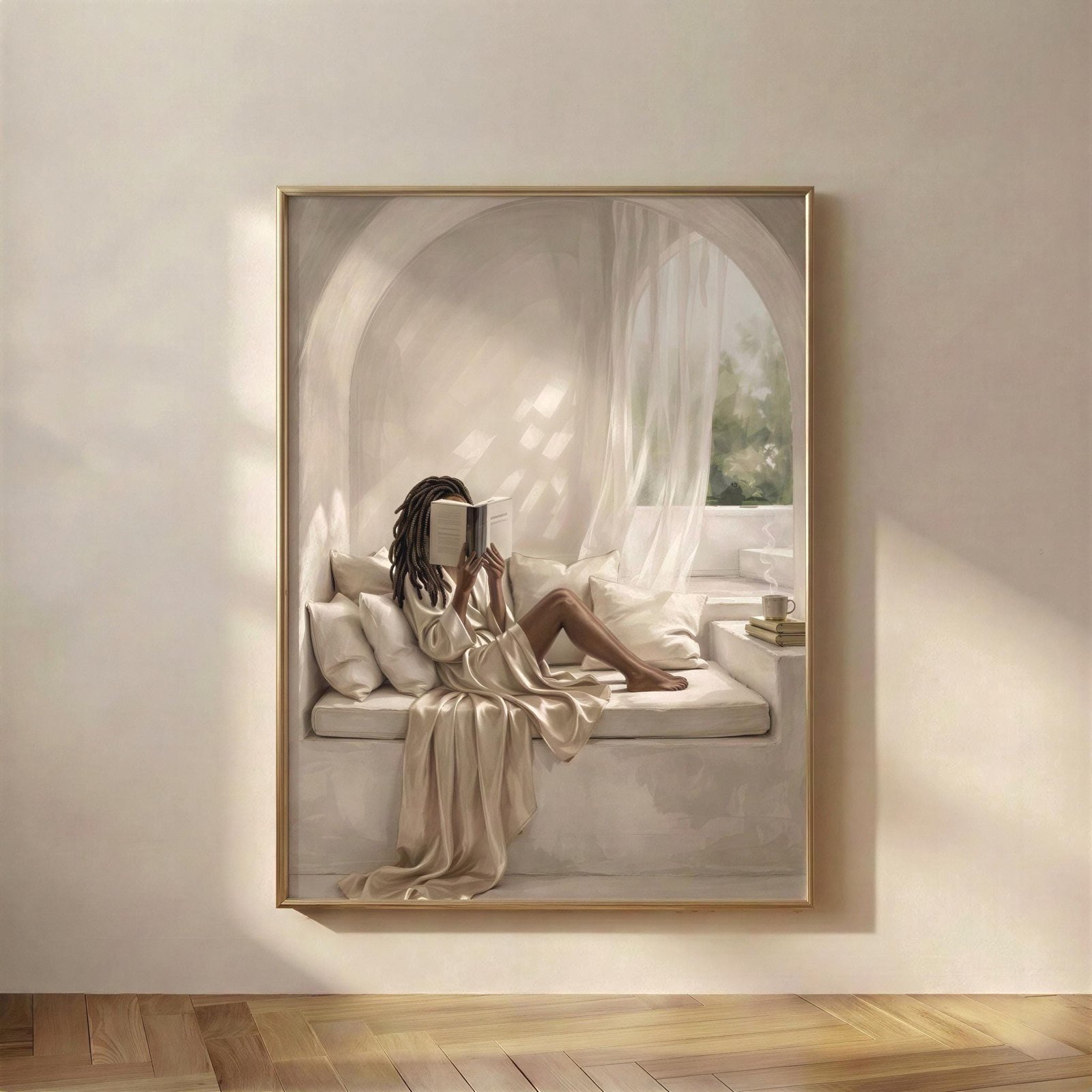 Black Woman Reading Art Print, A quiet moment to come back to, a Black woman with locs reading in a soft plaster archway, wrapped in draped linen and warm beige