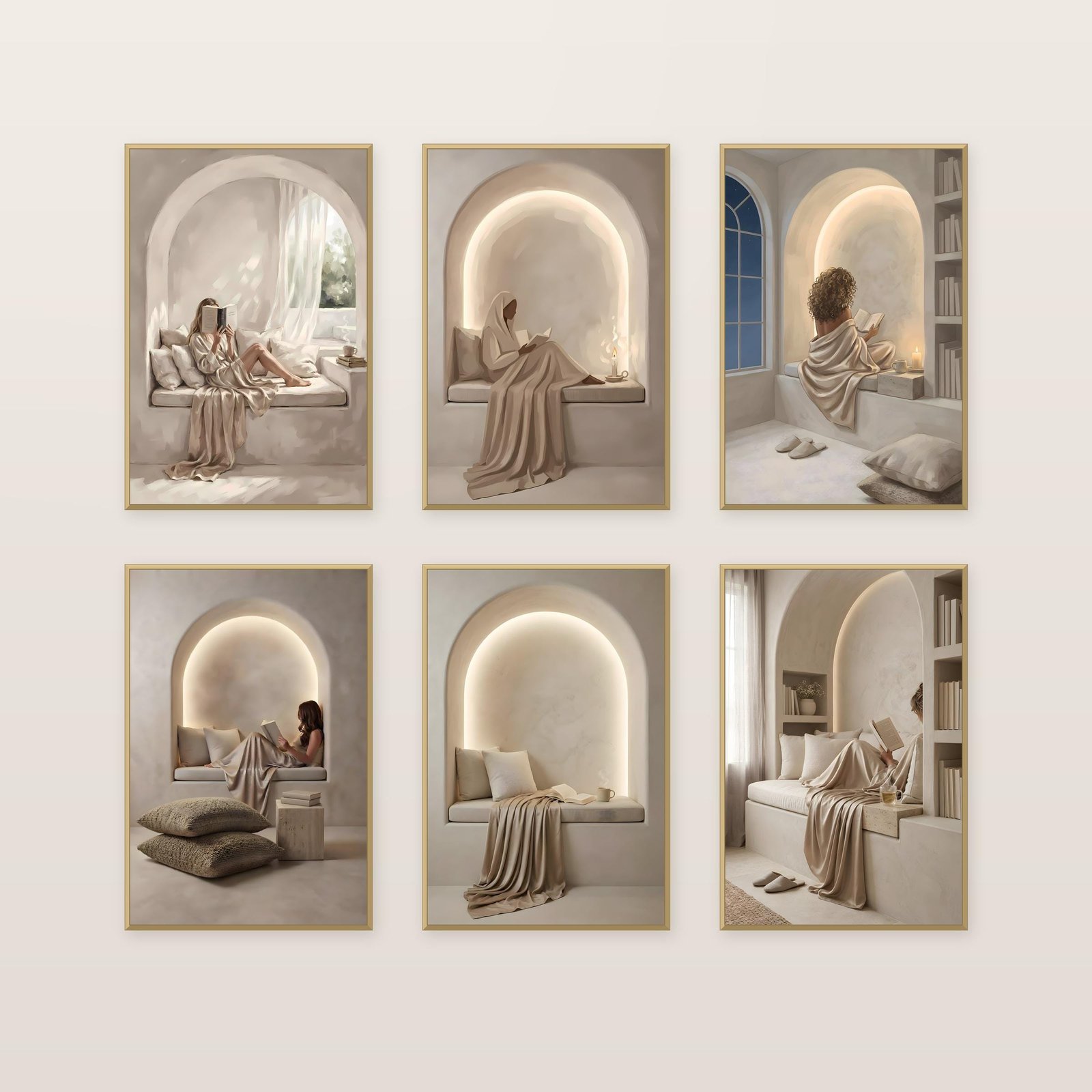 Set of 6 Woman Reading Prints, Six quiet reading scenes, made to hang together.