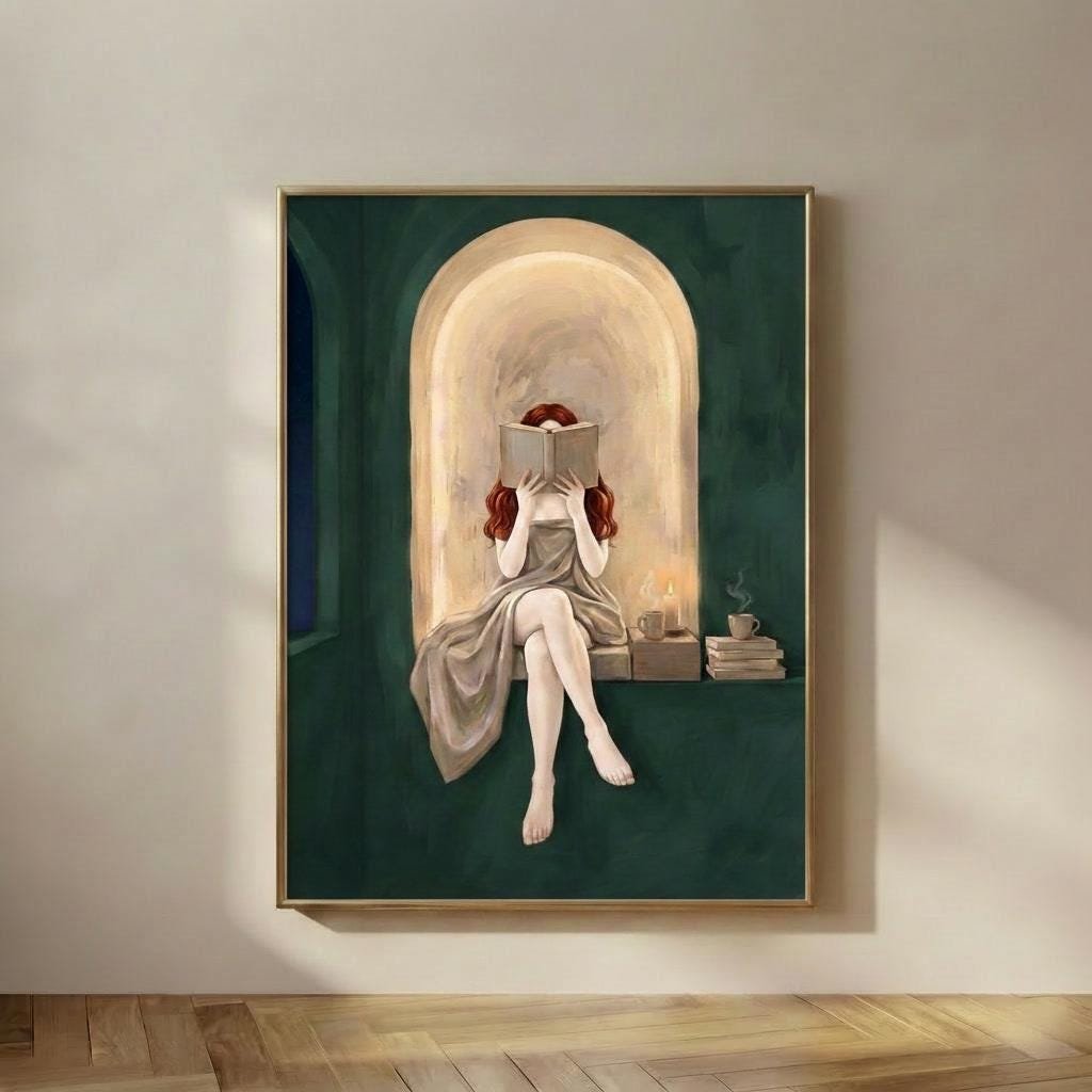 Redhead Woman Reading by Candlelight, A quiet night in, a woman with auburn red waves reading in a glowing plaster archway, wrapped in soft linen, one candle li