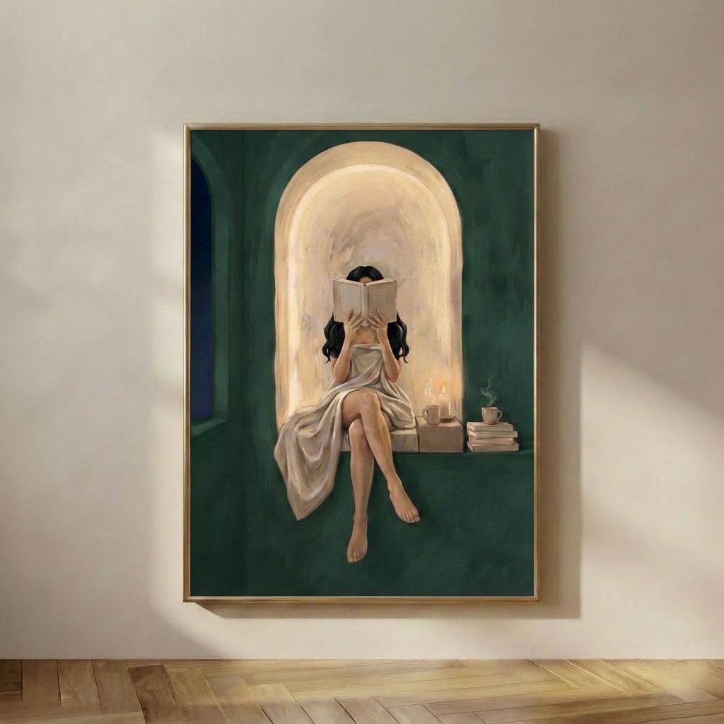 Woman Reading in a Candlelit Nook, A quiet night in, a woman with long dark hair reading in a glowing plaster archway, wrapped in soft linen, one candle lit and