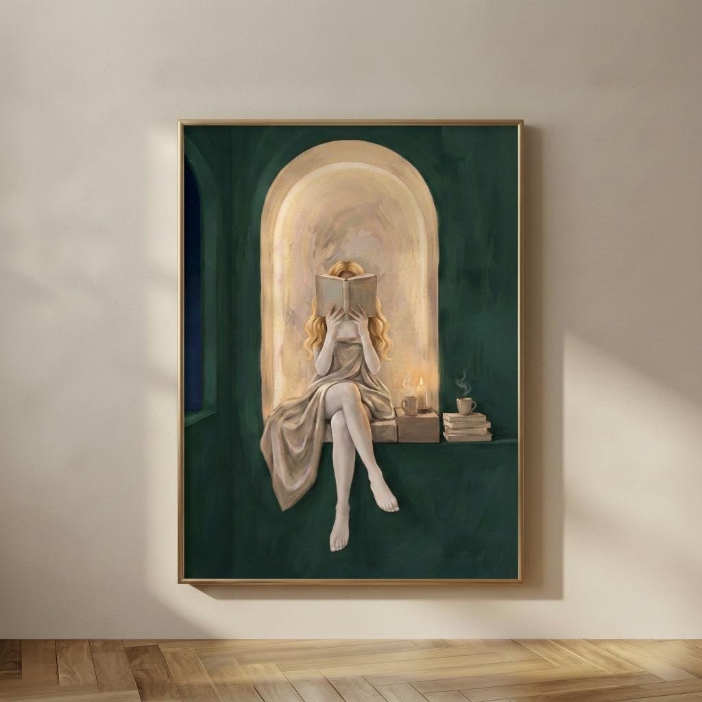 Blonde Woman Reading by Candlelight, A quiet night in, a woman with long blonde waves reading in a glowing plaster archway, wrapped in soft linen, one candle li