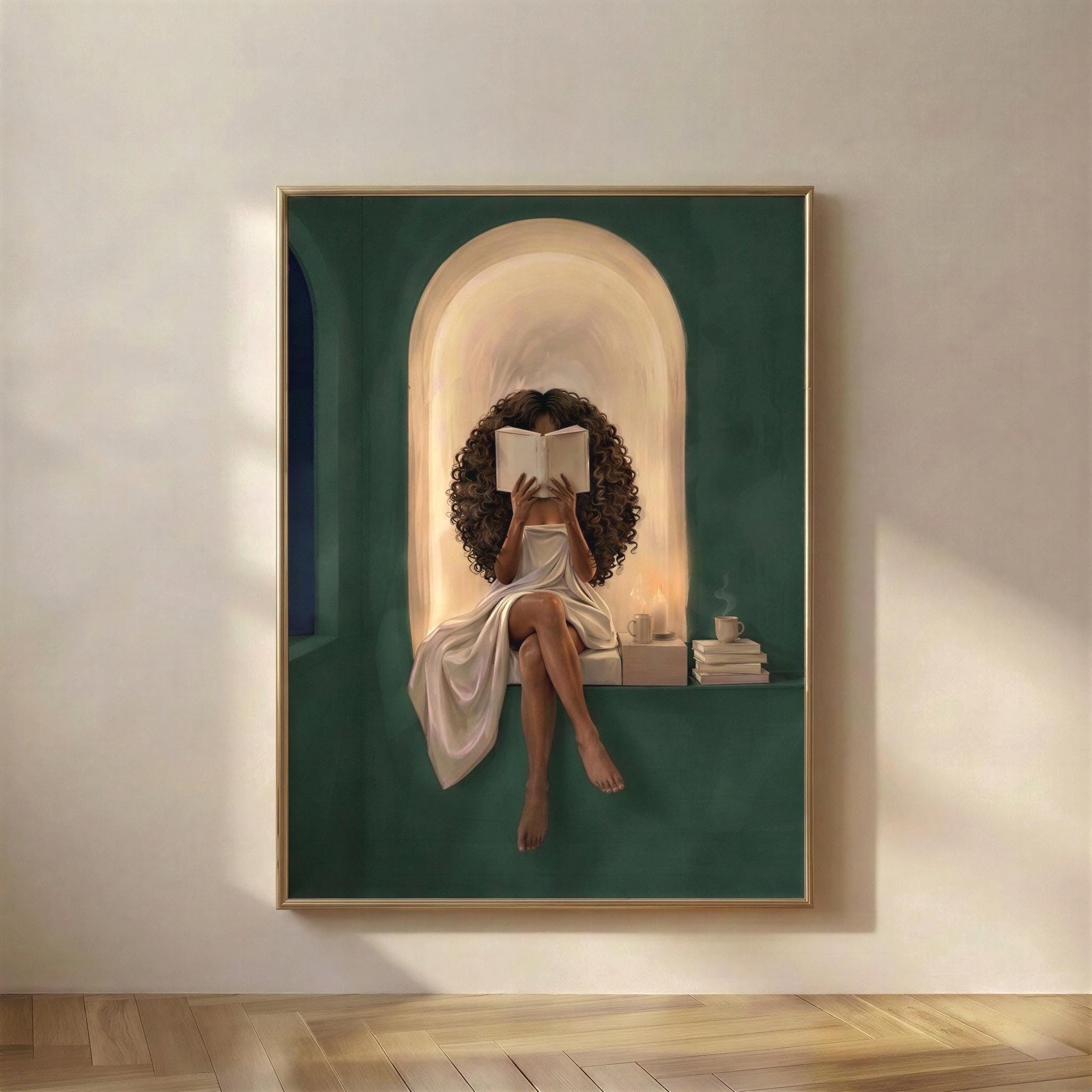Black Woman Reading in a Candlelit Nook, A quiet night in, a Black woman with voluminous curls reading in a glowing plaster archway, wrapped in soft linen, one 