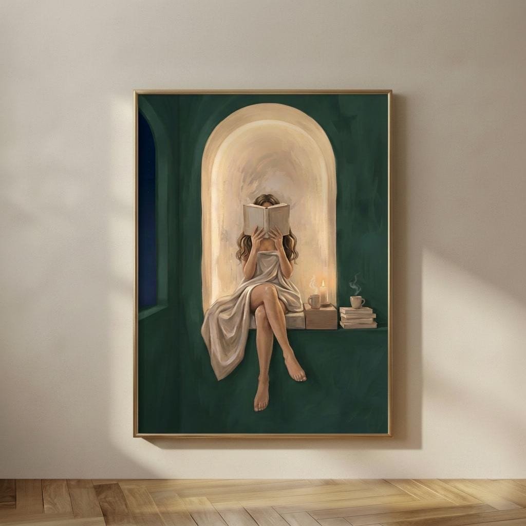 Woman Reading, Emerald Candlelit Nook, A quiet night in, a woman with light brown hair reading in a glowing plaster archway, wrapped in soft linen, one candle l