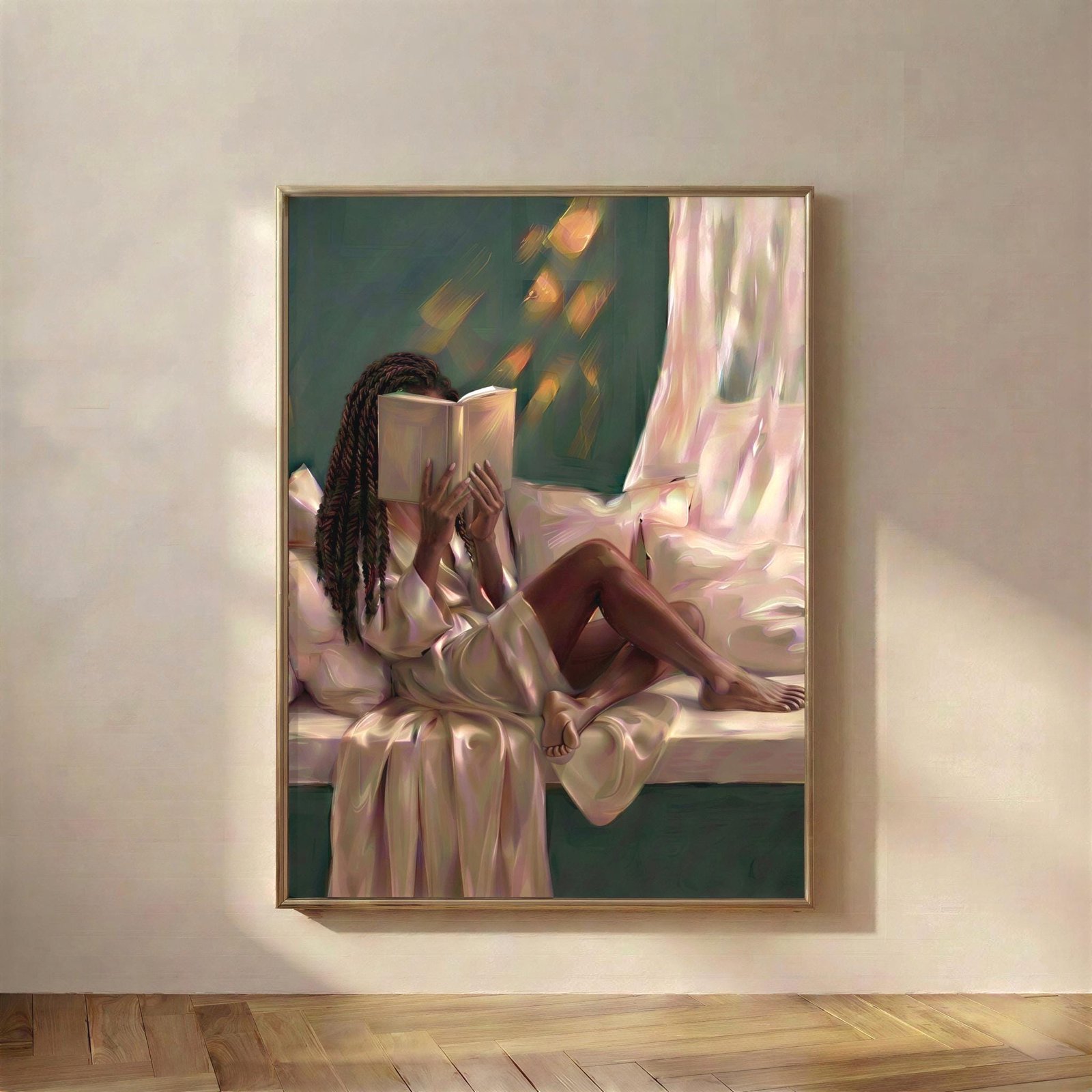 Black Woman Reading in a Window Seat, A quiet hour in, a Black woman with long twists reading on a sunlit window seat, wrapped in soft satin, sheer curtain drif