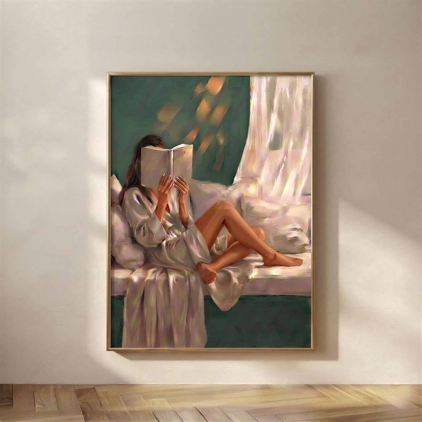 Brunette Woman Reading in a Window Seat, A quiet moment to come back to, a brunette woman curled up in a window seat, wrapped in a soft satin robe, book held up