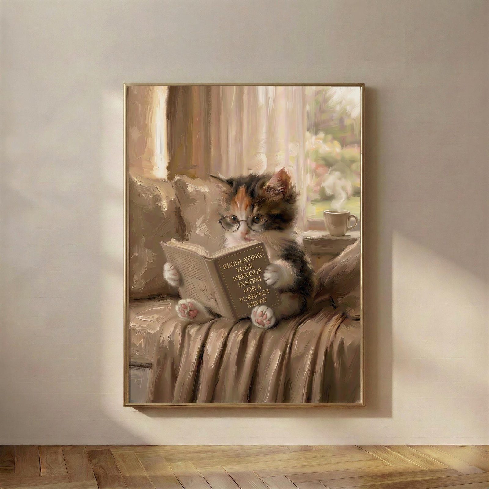 Cat Reading Nook Art, The A Purrfect Meow print, a small cat in borrowed glasses, working through a book on regulating the nervous system, entirely unbothered.