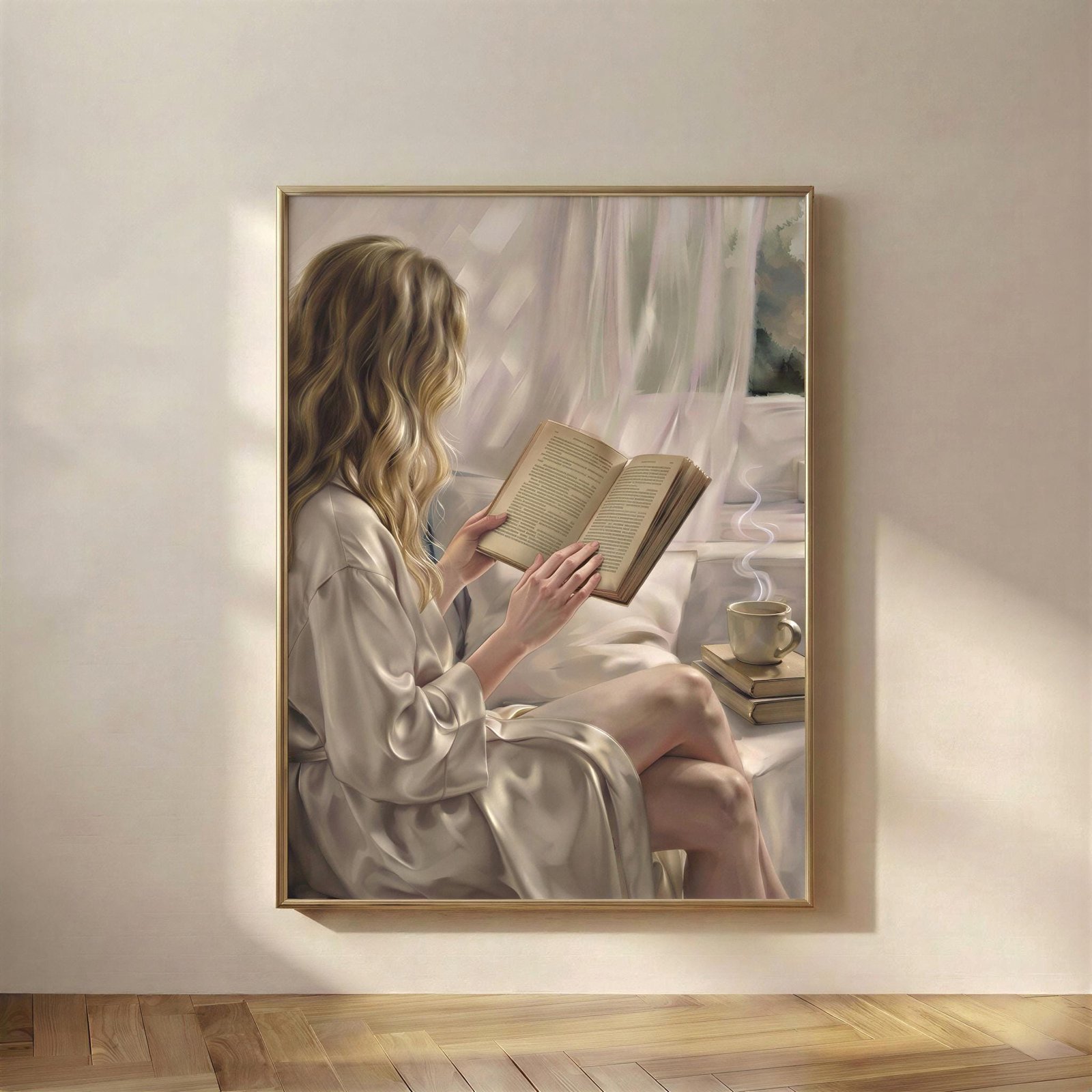 Blonde Woman Reading Art Print, The A Morning With Nowhere to Be print, light through the curtain, coffee going cold, nobody expecting you anywhere.