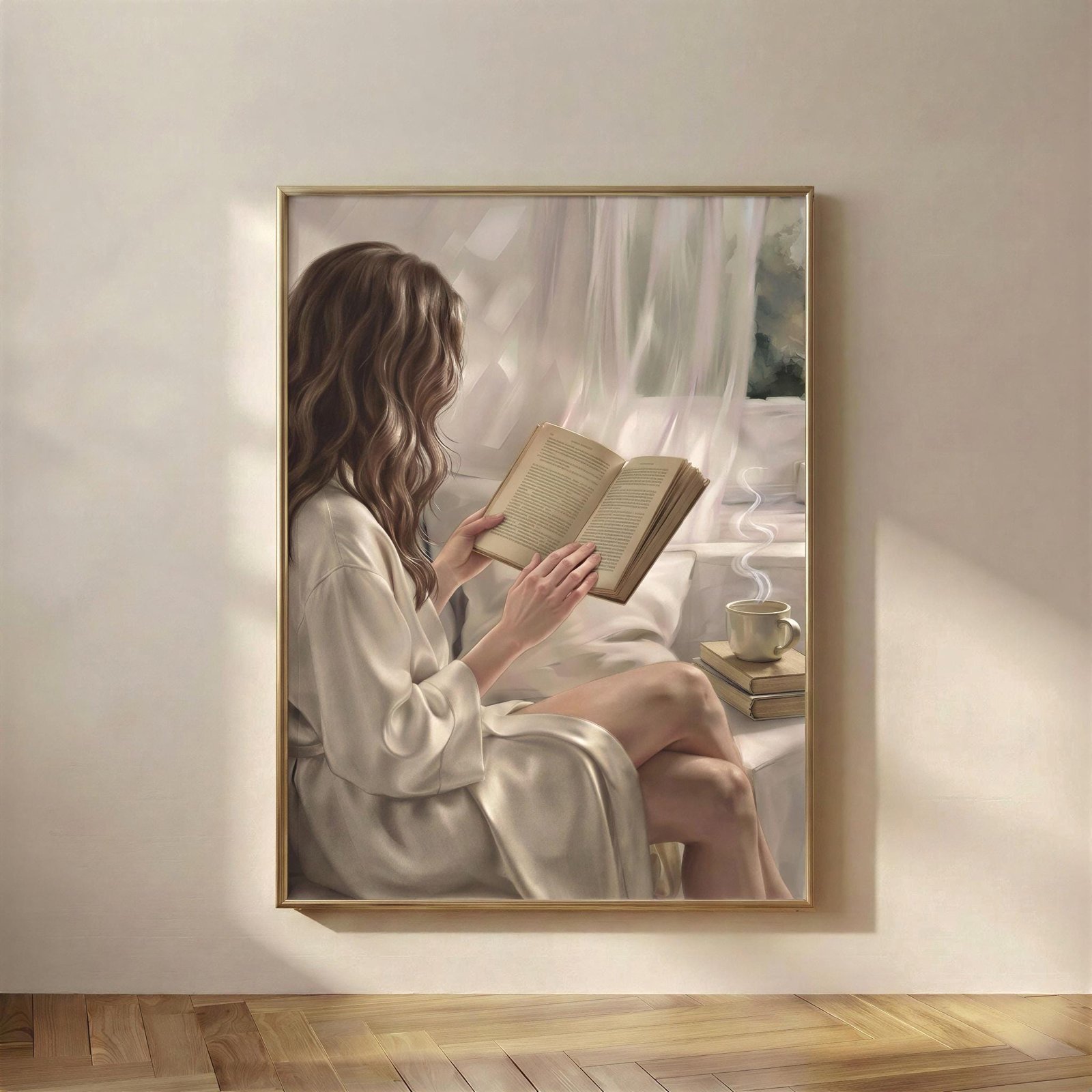 Brunette Woman Reading Wall Art, The Nothing Until Noon print, light through the curtain, coffee going cold, nobody expecting you anywhere.