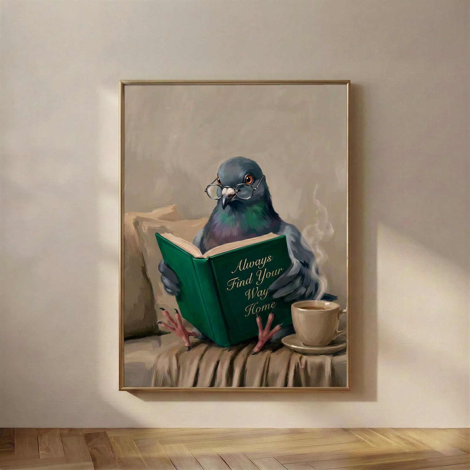 Pigeon Reading Book Art, The Always Find Your Way Home print, a pigeon in borrowed glasses, reading the one book it was always going to be qualified to write.