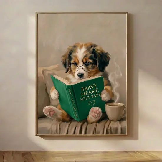 Puppy Reading Book Art Print