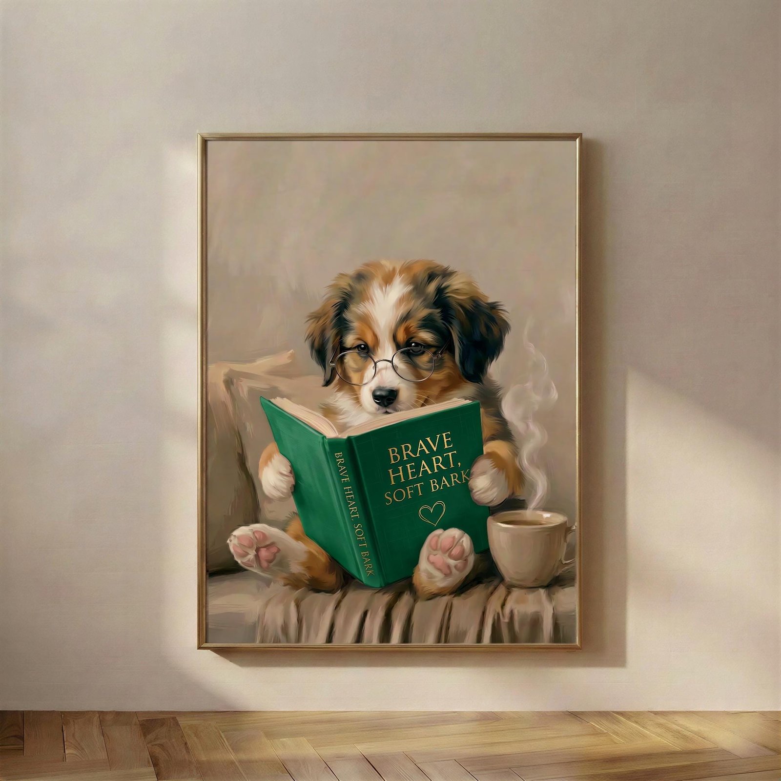 Puppy Reading Book Art Print, The Brave Heart, Soft Bark print, a small puppy in borrowed glasses, working through a book about being brave and gentle at the sa