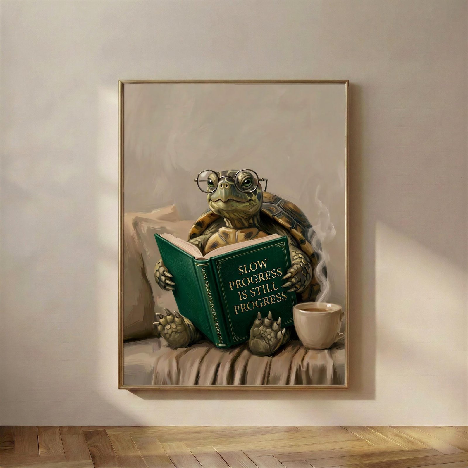 Turtle Reading Print, The Slow Progress Is Still Progress print, a tortoise in borrowed glasses, taking a book entirely at its own pace, which is the whole poin