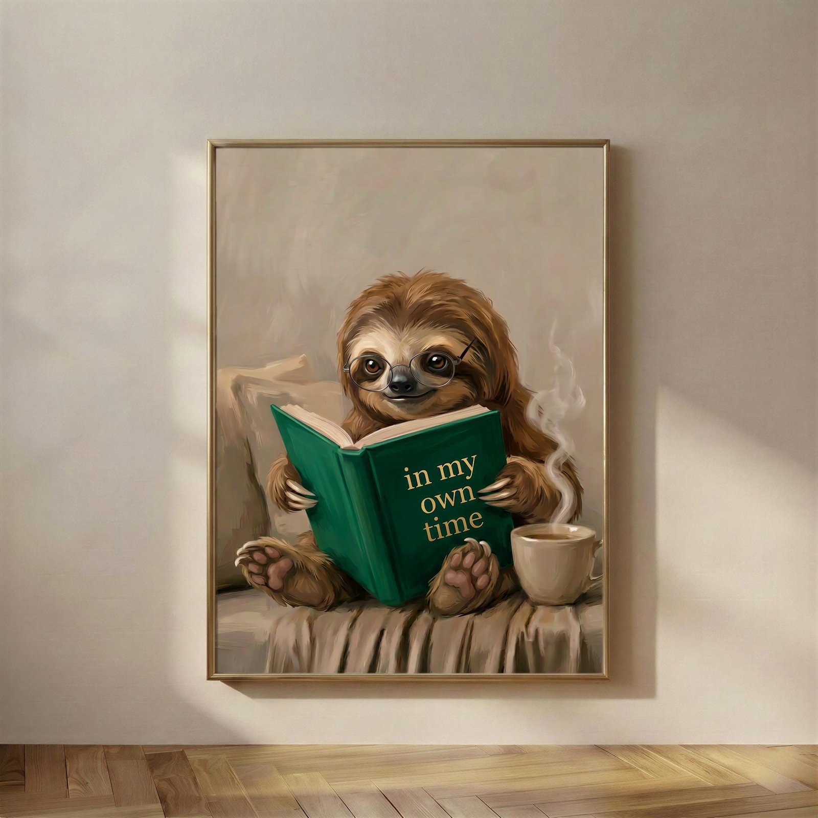 Sloth Reading Art Print, The In My Own Time print, a sloth in borrowed glasses, entirely unhurried, holding a book that agrees with it.