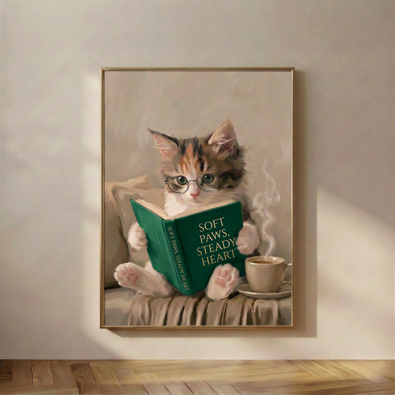 Calico Kitten Reading Book, The Soft Paws, Steady Heart print, a calico kitten in borrowed glasses, holding a book that is mostly a reminder to be gentle with i