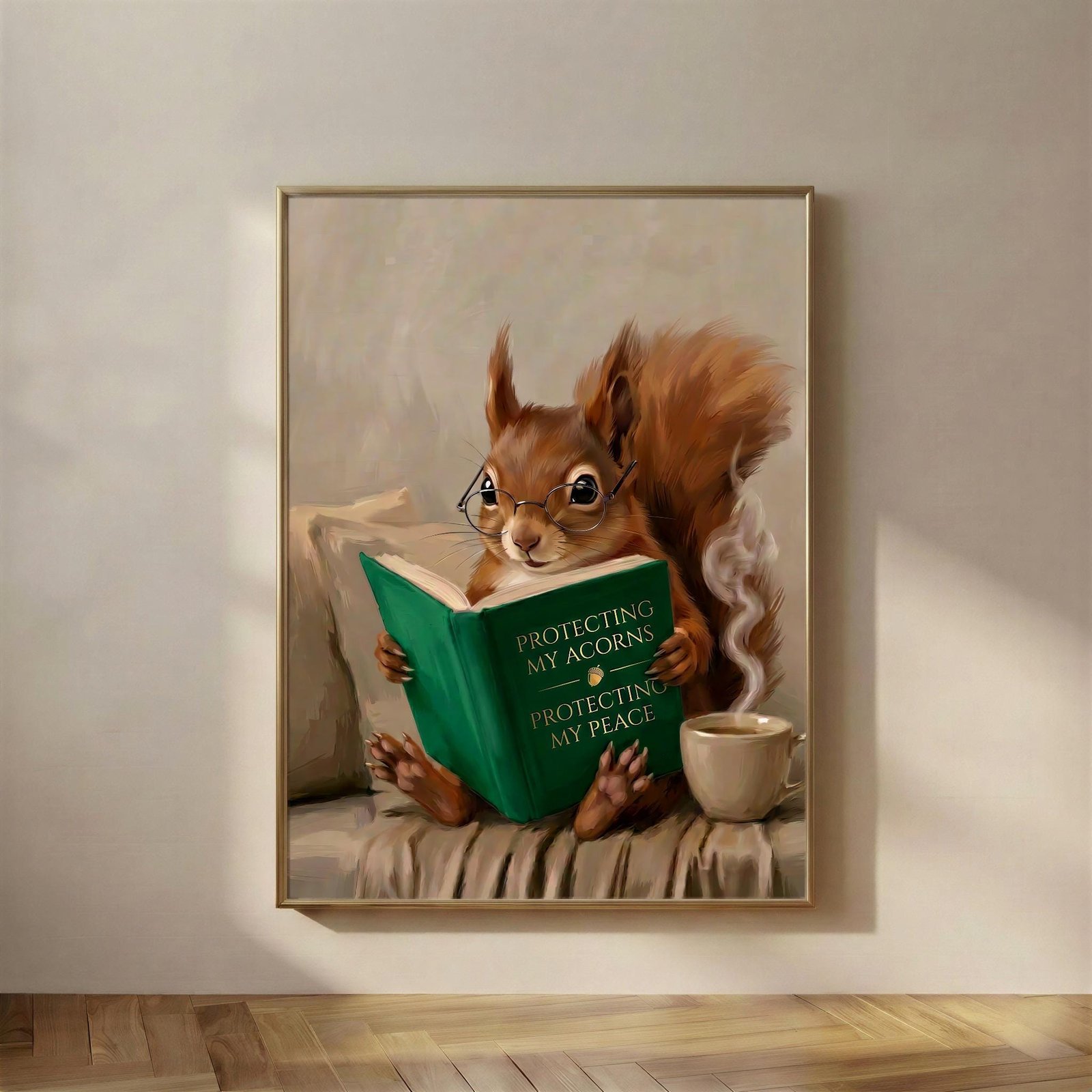 Cozy Bookish Nook, Glasses, Coffee, The Protecting My Acorns, Protecting My Peace print, a red squirrel in borrowed glasses, guarding both with equal seriousnes