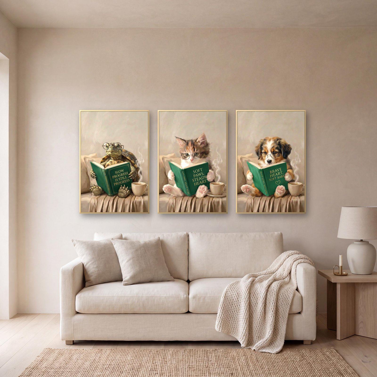 Several prints from one set, framed and hung together in a soft-lit room